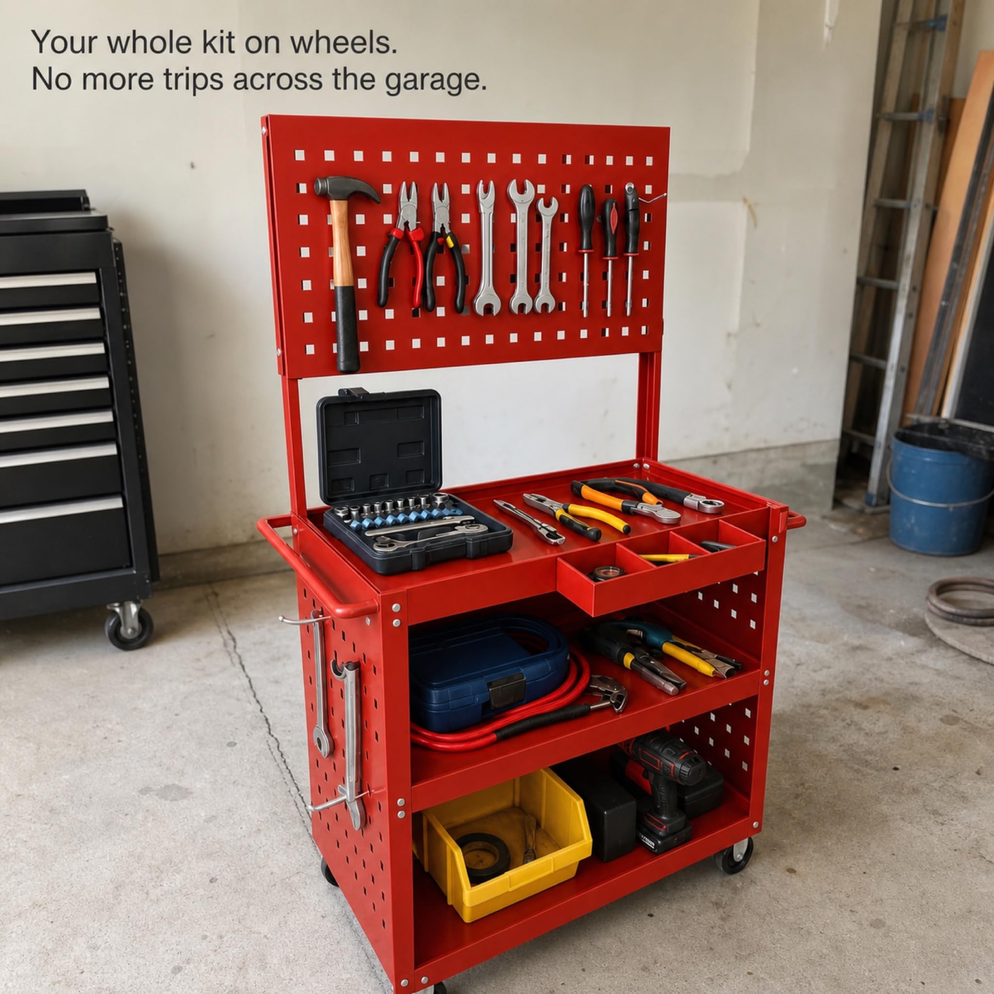 3-Tier Rolling Steel Tool Cart with Pegboard and 15 Hooks - 360 Degree Swivel Wheels - 330 lb Capacity Workshop Garage Utility Trolley - Red