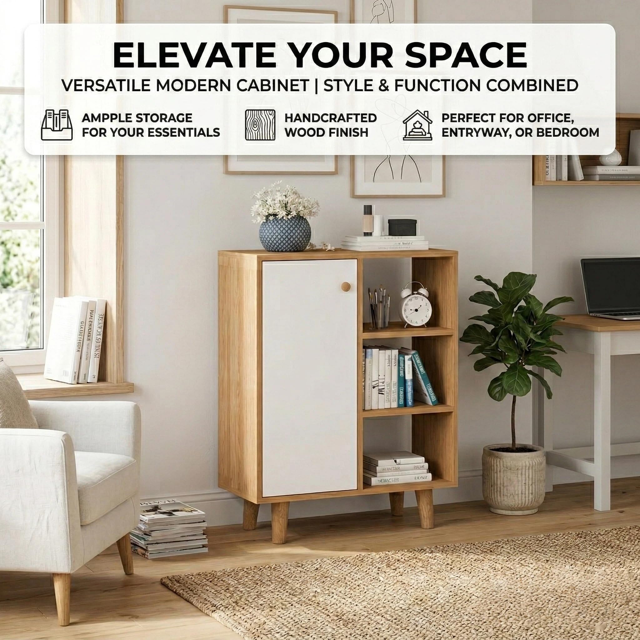 Kikbo Modern Storage Cabinet with Door and Open Shelves, MDF Wood Accent Cabinet, Freestanding Organizer for Living Room, Bedroom, Entryway, Oak and White