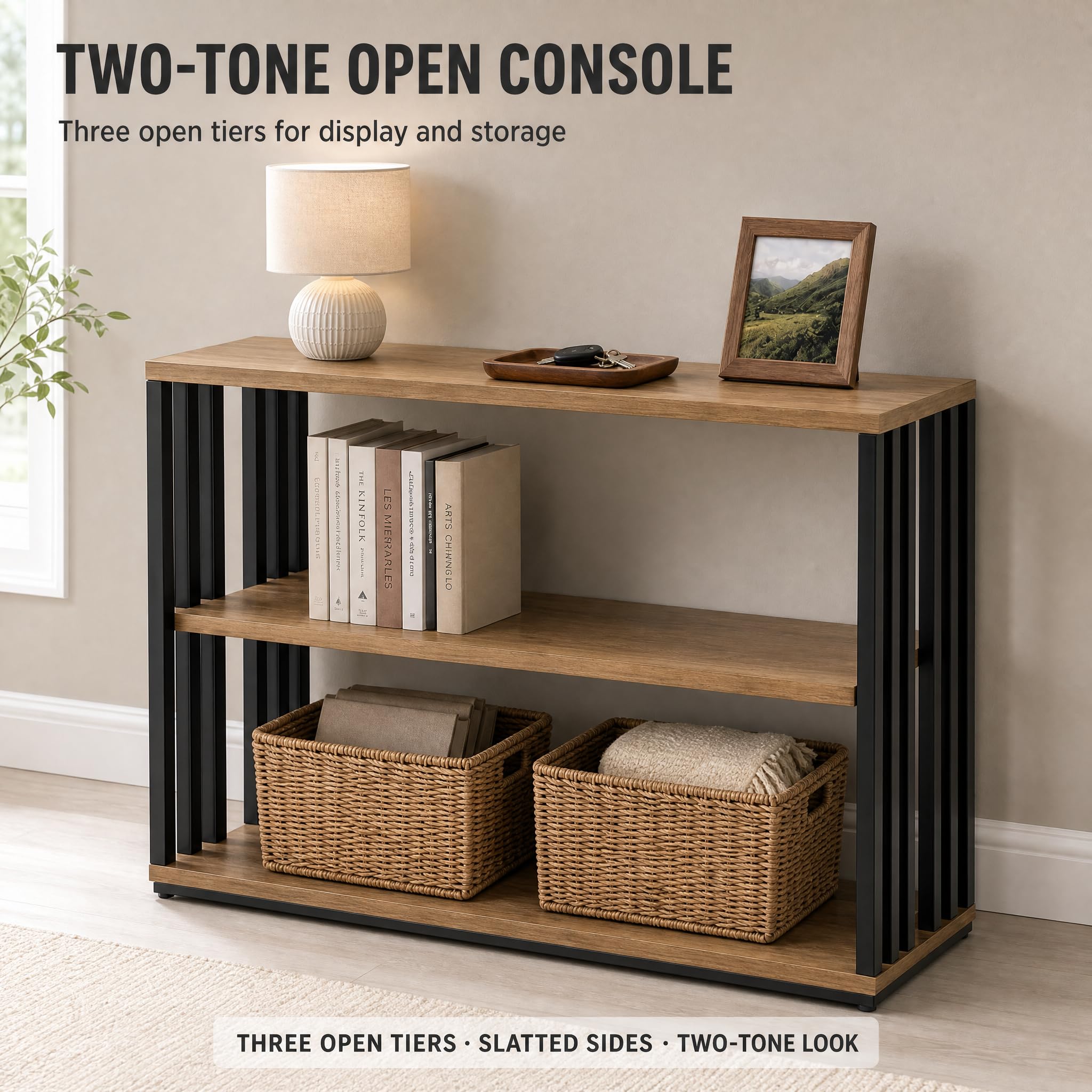 Narrow Console Table with Storage Shelves, Industrial Sofa Side Table for Entryway Hallway Living Room, Rustic Wood Accent Table with Metal Frame, 15.7" D x 9.4" W x 23.6" H (40 x 24 x 60 cm)