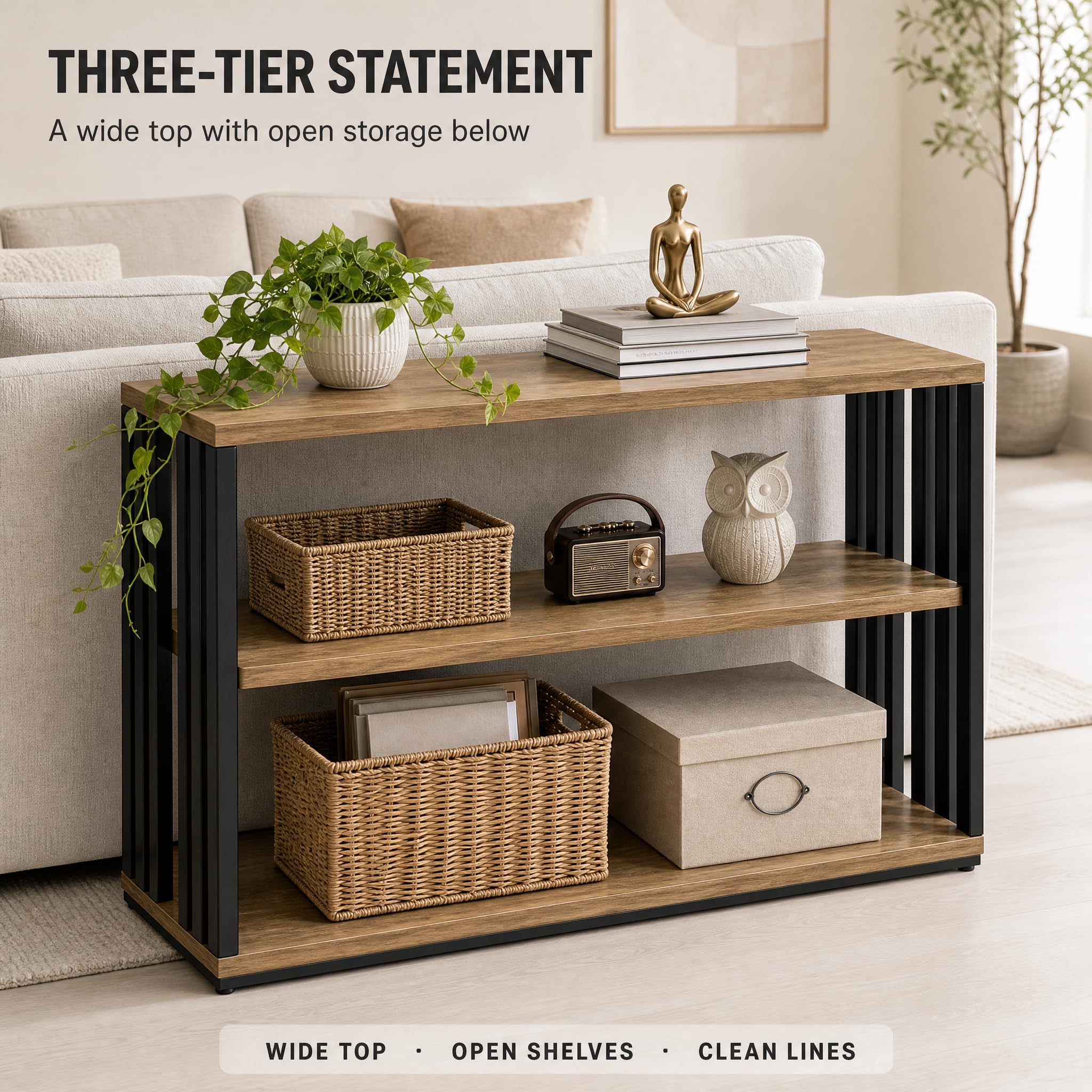 Narrow Console Table with Storage Shelves, Industrial Sofa Side Table for Entryway Hallway Living Room, Rustic Wood Accent Table with Metal Frame, 15.7" D x 9.4" W x 23.6" H (40 x 24 x 60 cm)