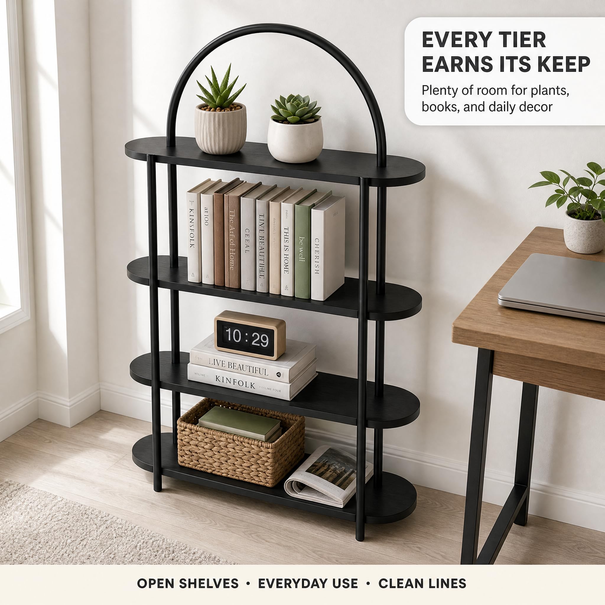 Modern Arched Bookshelf 4 Tier Wooden Display Shelf, Freestanding Storage Rack for Living Room, Bedroom & Office, Decorative Open Bookcase Organizer, Black Wood Finish