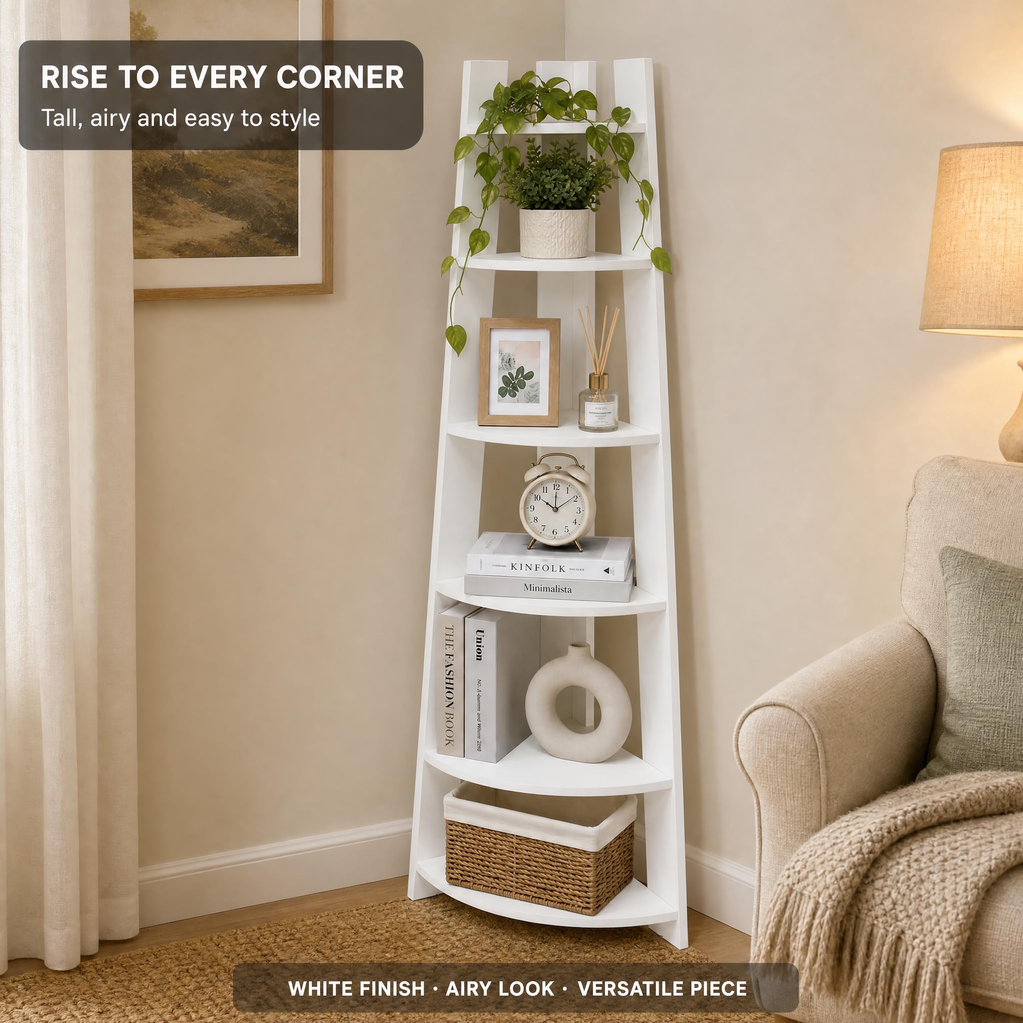 5-Tier Corner Shelf Stand, Space Saving Wooden Corner Storage Rack, Freestanding Display Bookshelf Organizer for Living Room, Bedroom, Bathroom, Office, Small Spaces, White