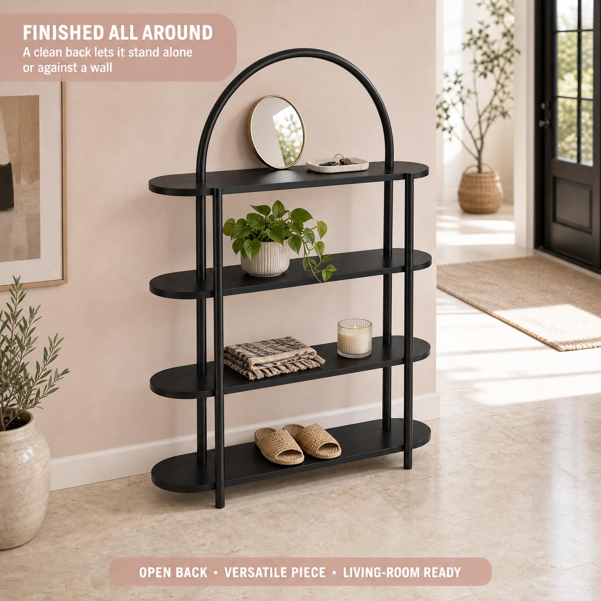 Modern Arched Bookshelf 4 Tier Wooden Display Shelf, Freestanding Storage Rack for Living Room, Bedroom & Office, Decorative Open Bookcase Organizer, Black Wood Finish