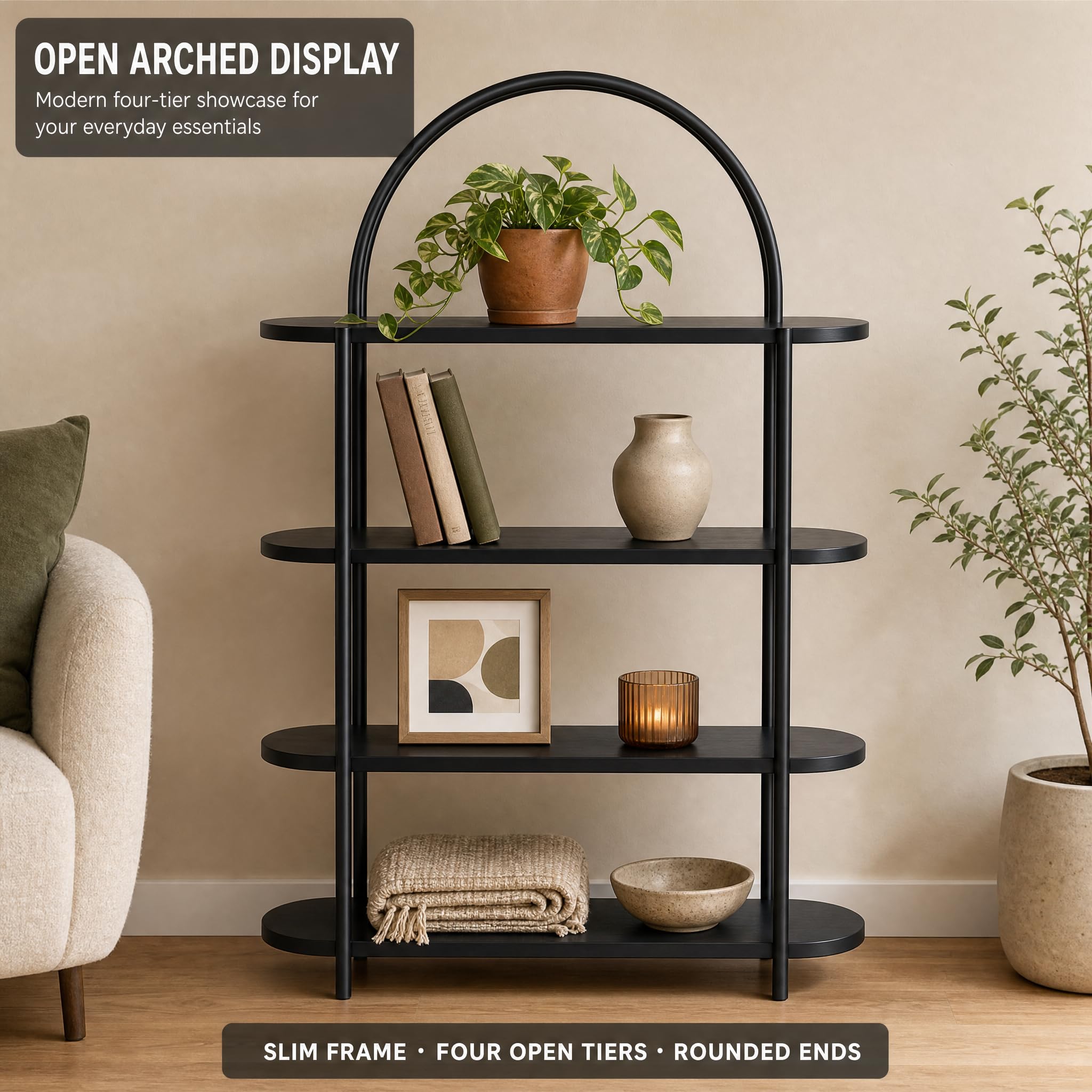 Modern Arched Bookshelf 4 Tier Wooden Display Shelf, Freestanding Storage Rack for Living Room, Bedroom & Office, Decorative Open Bookcase Organizer, Black Wood Finish