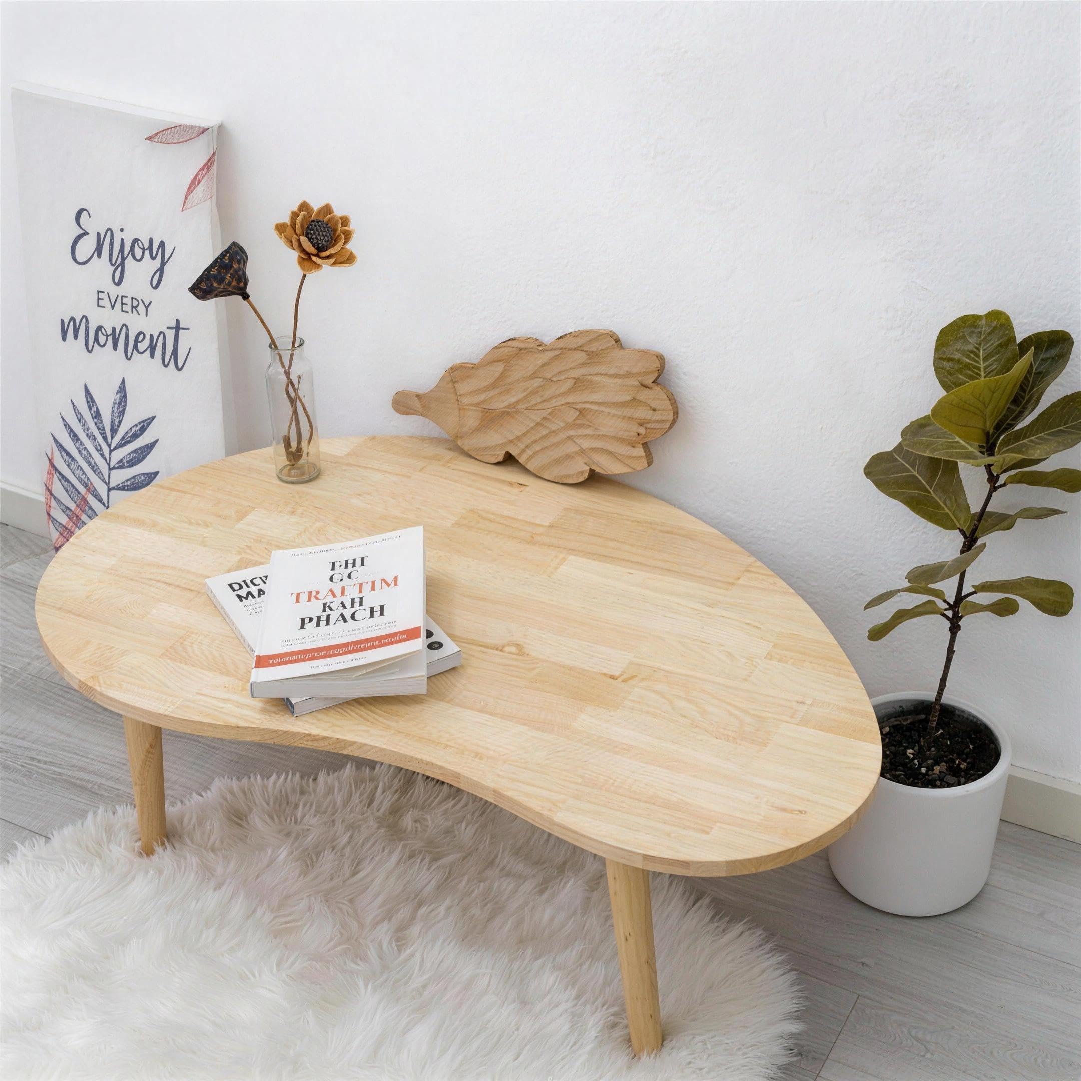 Oval Coffee Table with Solid Wood Legs, Modern Low Profile Accent Table, Natural Wood Finish, Small Living Room Tea Table, 35.4" x 23.6"