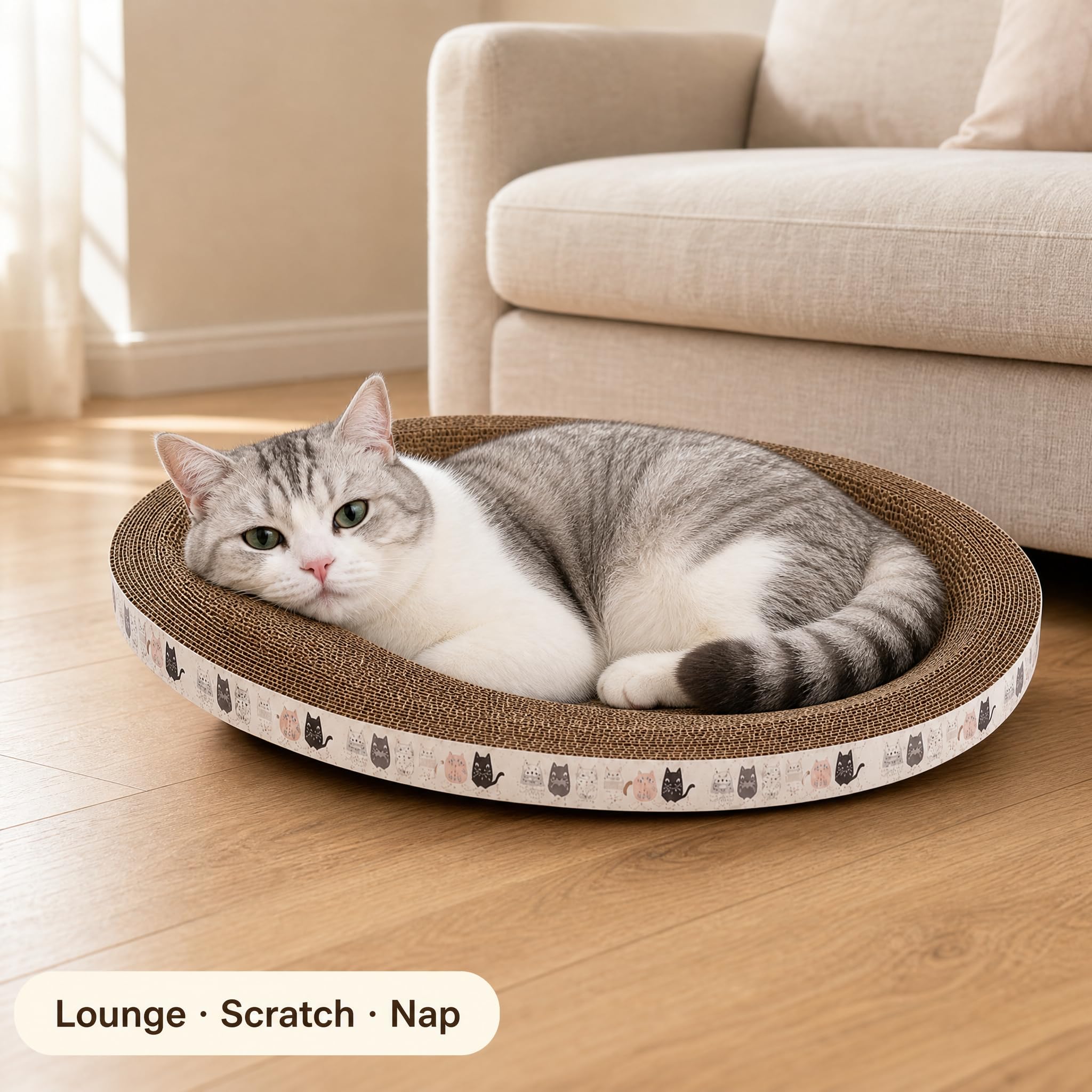 Cat Scratcher Lounge Bed for Indoor Cats, Oval Corrugated Cardboard Scratch Pad Sofa with Catnip, Large Anti-Slip Scratching Board for Cats & Kittens, 17.7"/45cm
