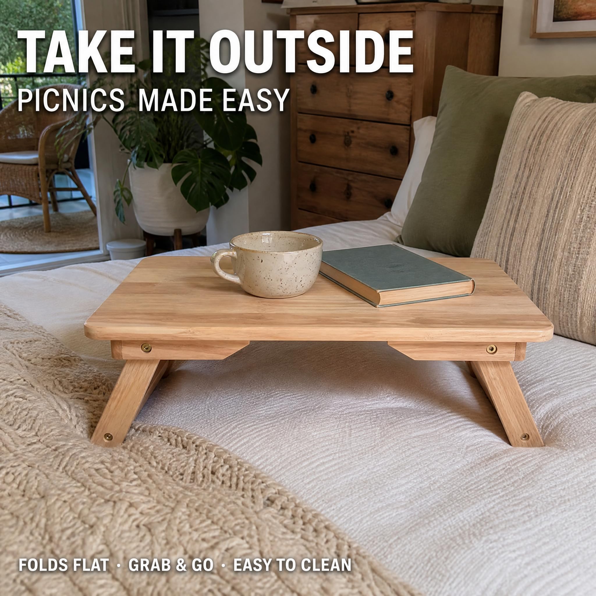 Foldable Wooden Bed Tray Table with Legs, Portable Laptop Desk for Bed and Sofa, Natural Wood Breakfast Serving Tray, Small Coffee Table for Reading, Working and Eating, 24 x 16 Inch