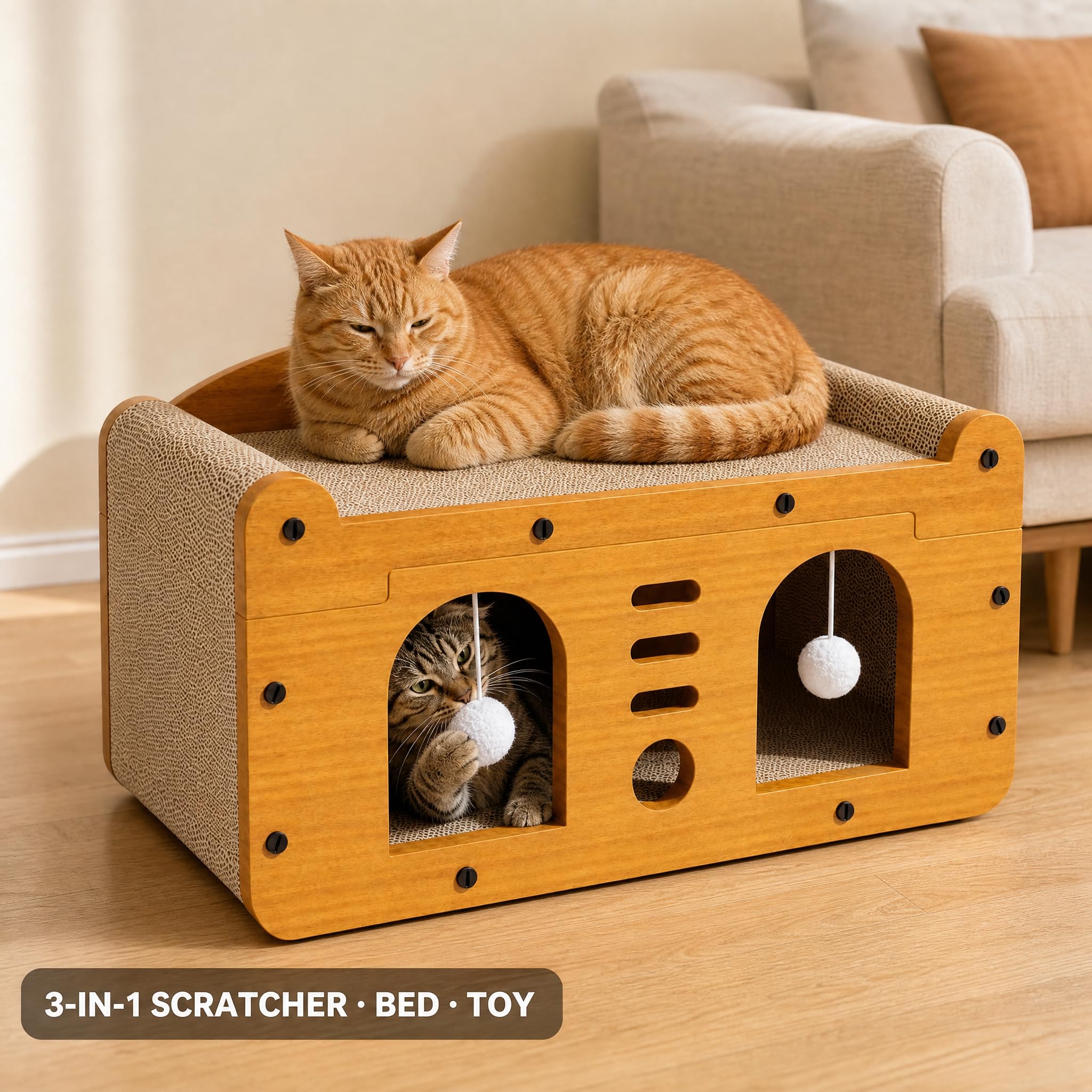 3-in-1 Cat Scratcher House for Indoor Cats, Corrugated Cardboard Scratch Pad Lounge Bed with Hanging Ball Toys, Durable Cat Sofa Bed for Cats & Kittens, 22 x 12 x 12 in