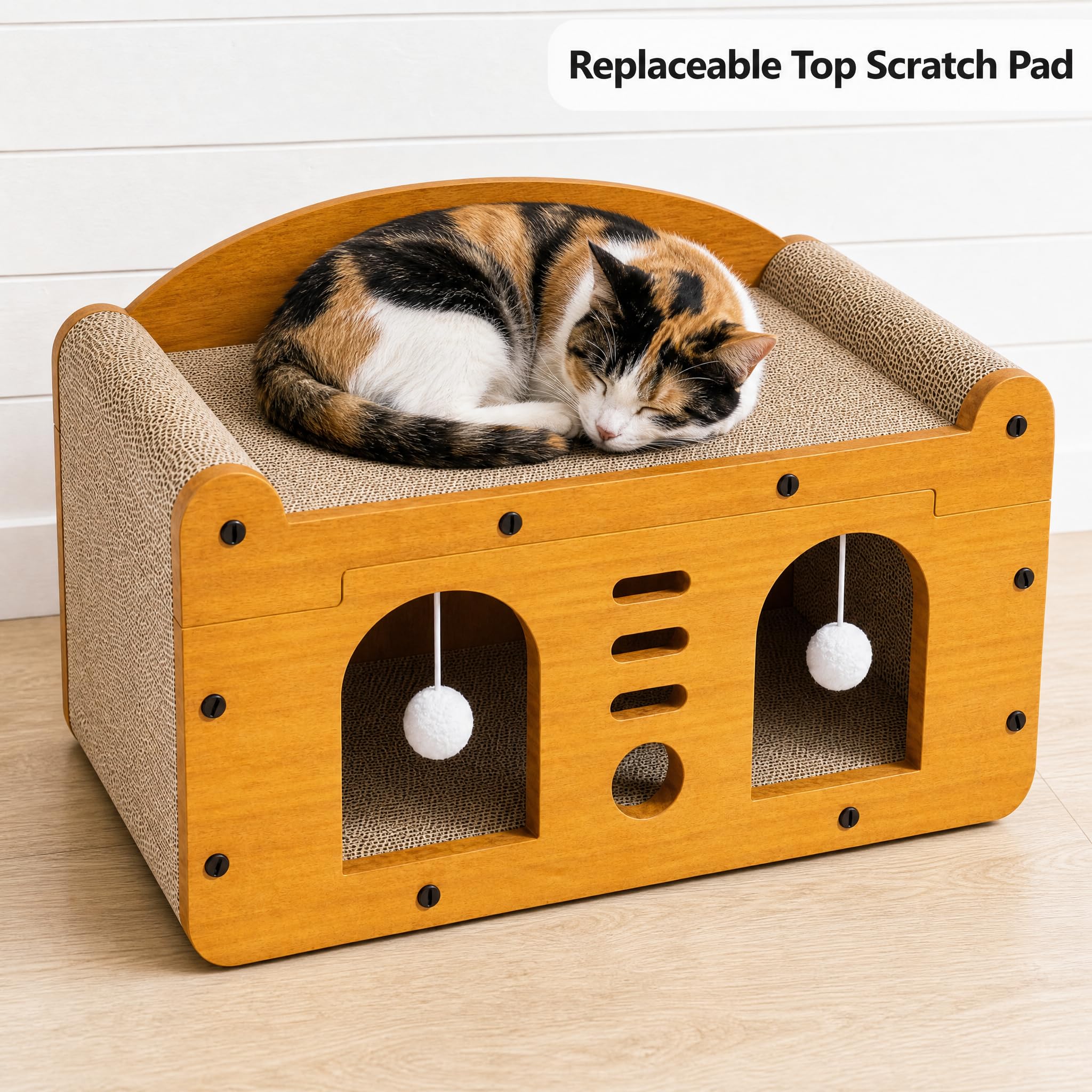3-in-1 Cat Scratcher House for Indoor Cats, Corrugated Cardboard Scratch Pad Lounge Bed with Hanging Ball Toys, Durable Cat Sofa Bed for Cats & Kittens, 22 x 12 x 12 in