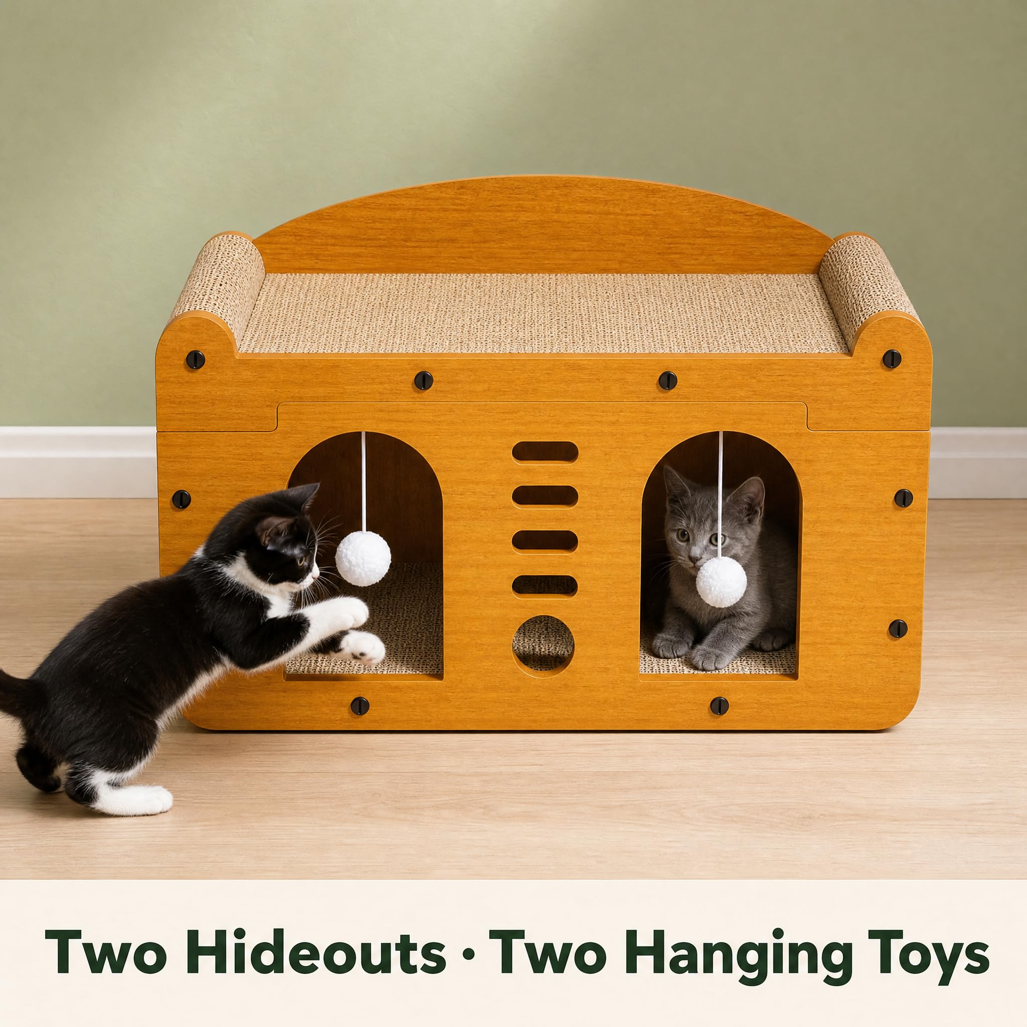 3-in-1 Cat Scratcher House for Indoor Cats, Corrugated Cardboard Scratch Pad Lounge Bed with Hanging Ball Toys, Durable Cat Sofa Bed for Cats & Kittens, 22 x 12 x 12 in