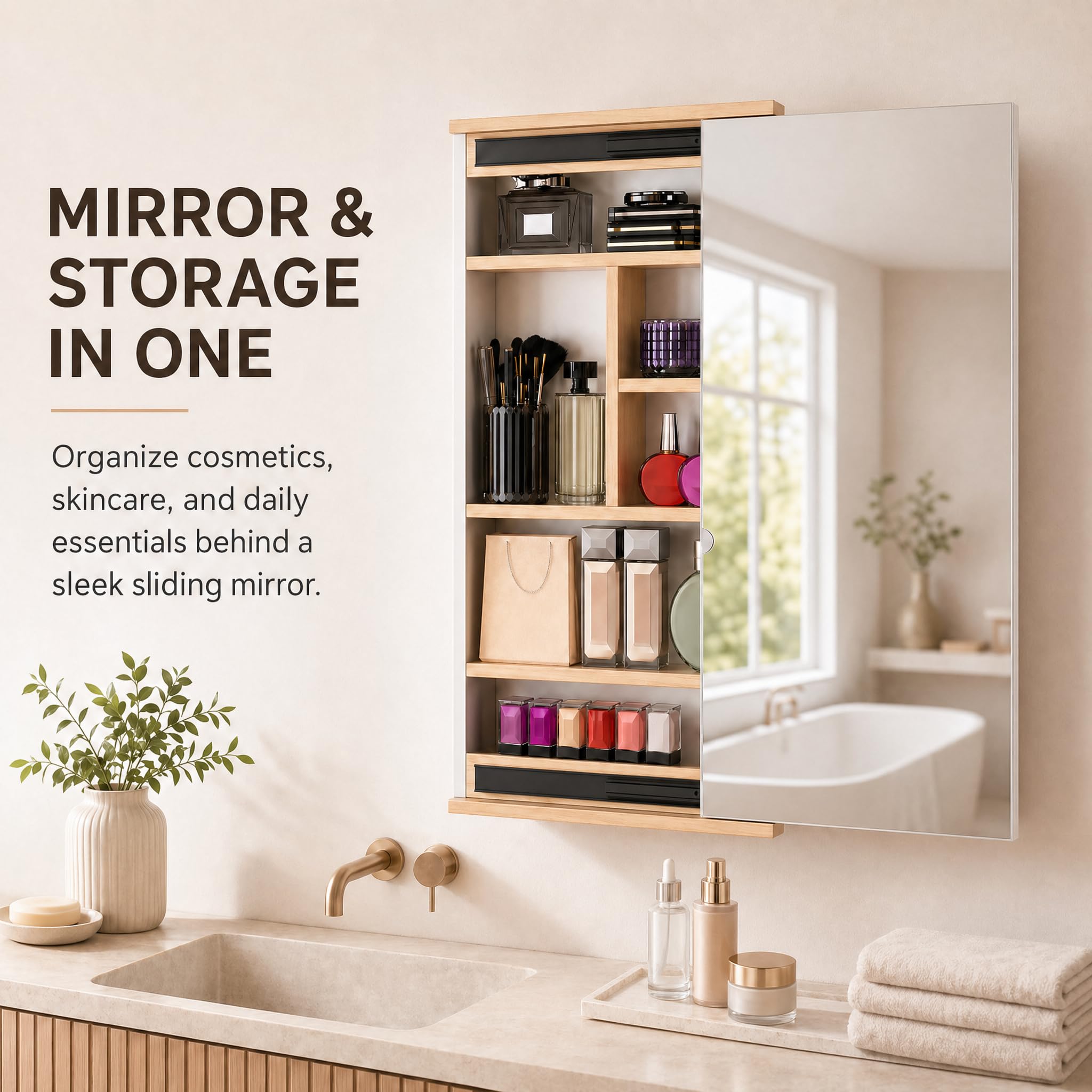 Kikbo Wall Mounted Bathroom Mirror Cabinet with Sliding Door, Waterproof Storage Organizer, Space-Saving Vanity Cabinet for Bathroom, Bedroom or Entryway (Natural Wood Finish)