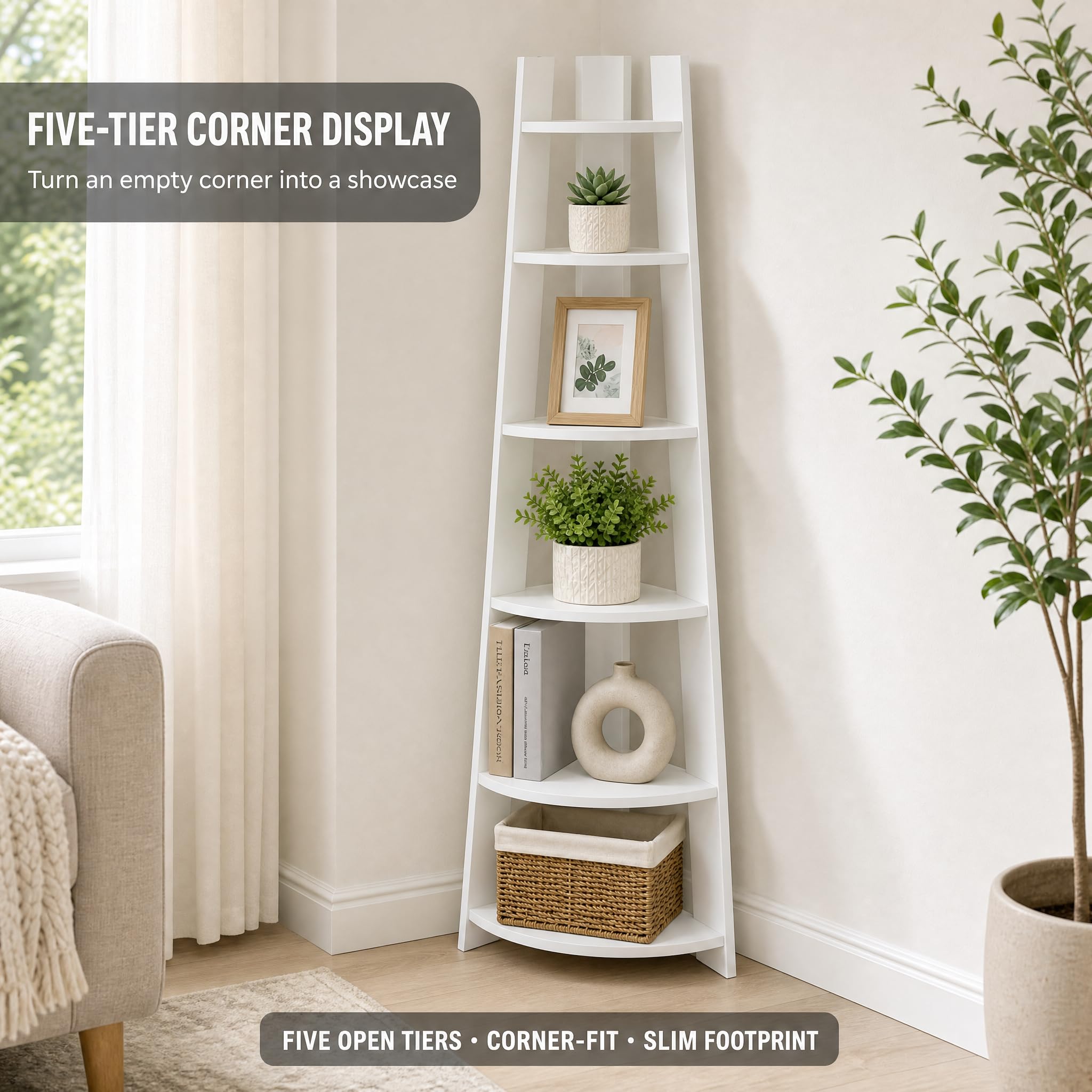 5-Tier Corner Shelf Stand, Space Saving Wooden Corner Storage Rack, Freestanding Display Bookshelf Organizer for Living Room, Bedroom, Bathroom, Office, Small Spaces, White