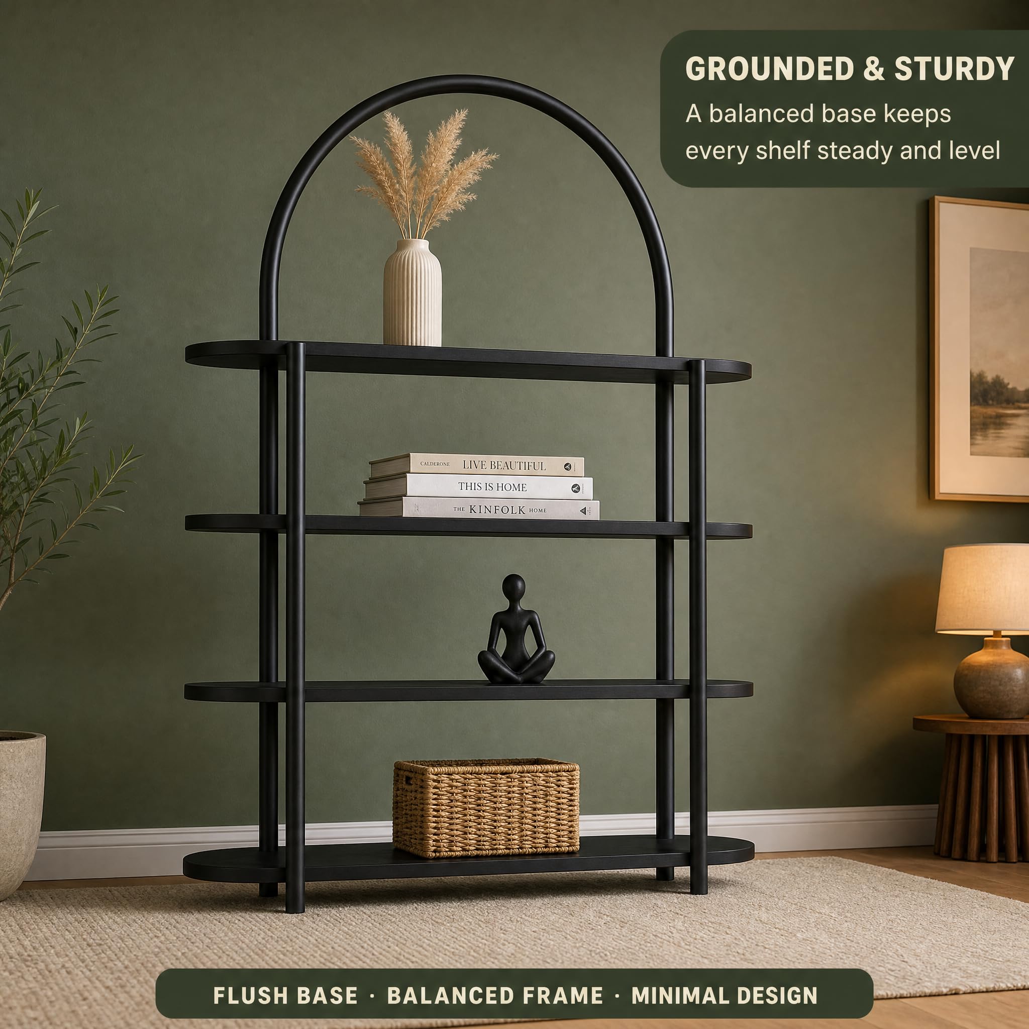 Modern Arched Bookshelf 4 Tier Wooden Display Shelf, Freestanding Storage Rack for Living Room, Bedroom & Office, Decorative Open Bookcase Organizer, Black Wood Finish