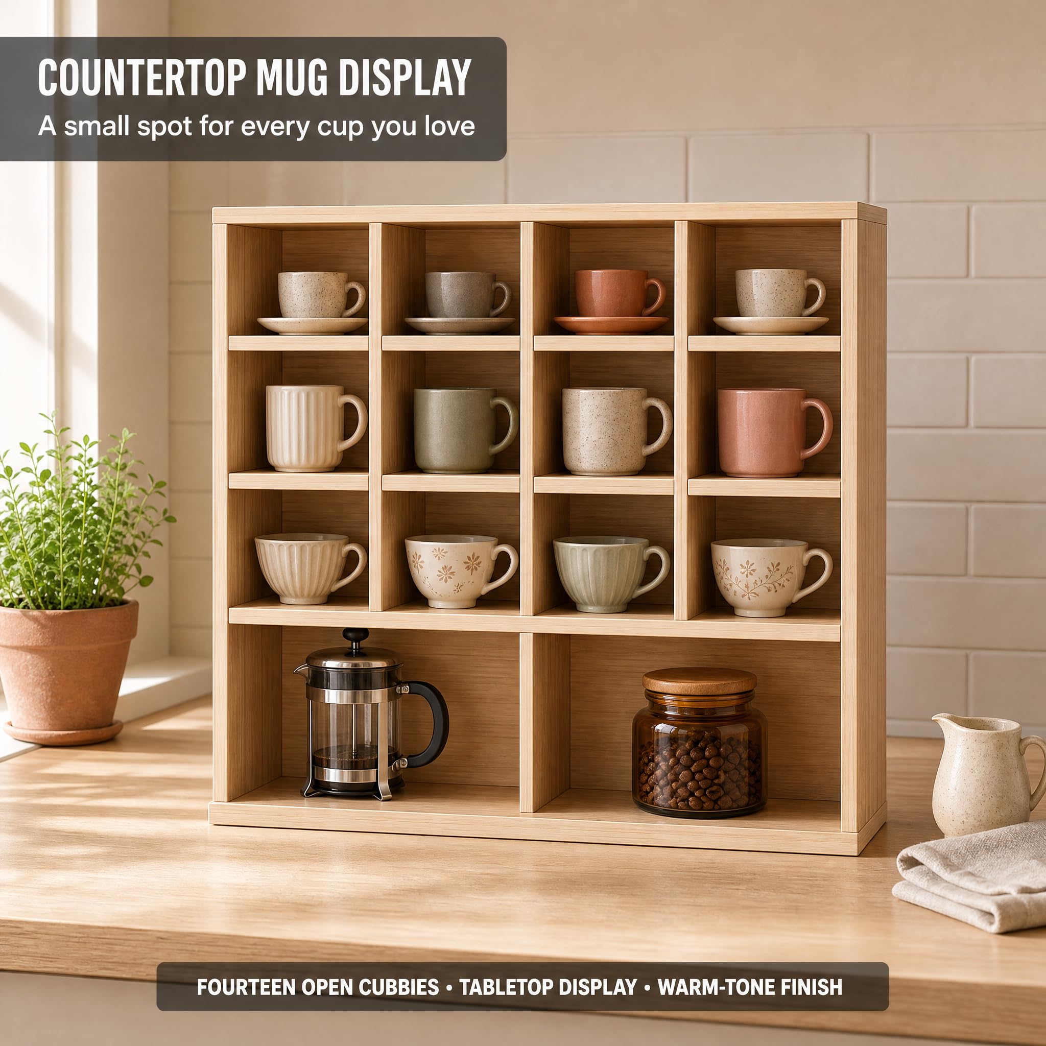 Wooden Display Shelf Organizer, 14 Cube MDF Countertop Storage Rack for Coffee Mugs, Figures, Collectibles, Bonsai & Home Decor, 23.6 x 23.6 x 5.9 Inch, Rustic Oak