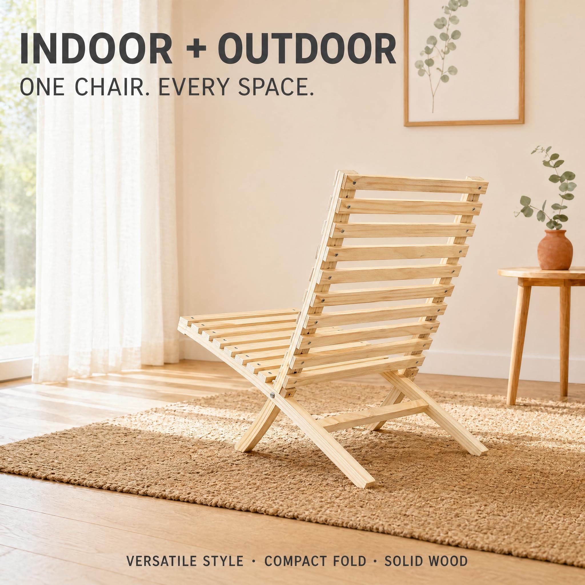 Kikbo Folding Wooden Outdoor Chair, Natural Pine Wood Slatted Lounge Chair, Portable Compact Patio Camping Beach Seating, Modern Minimalist Design, No Assembly