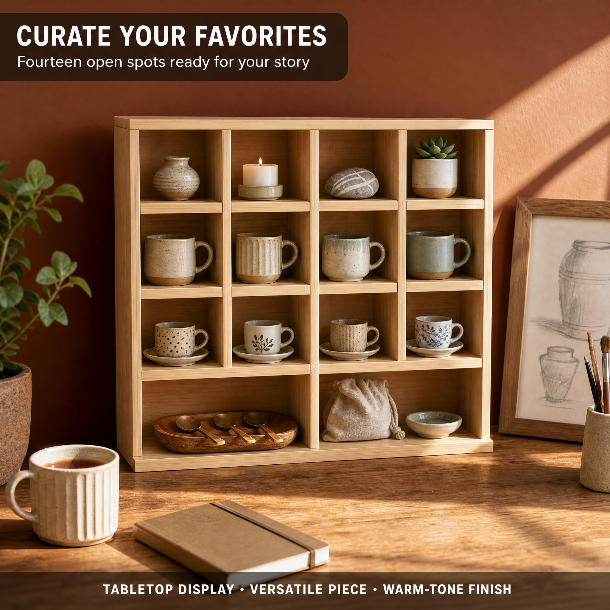 Wooden Display Shelf Organizer, 14 Cube MDF Countertop Storage Rack for Coffee Mugs, Figures, Collectibles, Bonsai & Home Decor, 23.6 x 23.6 x 5.9 Inch, Rustic Oak