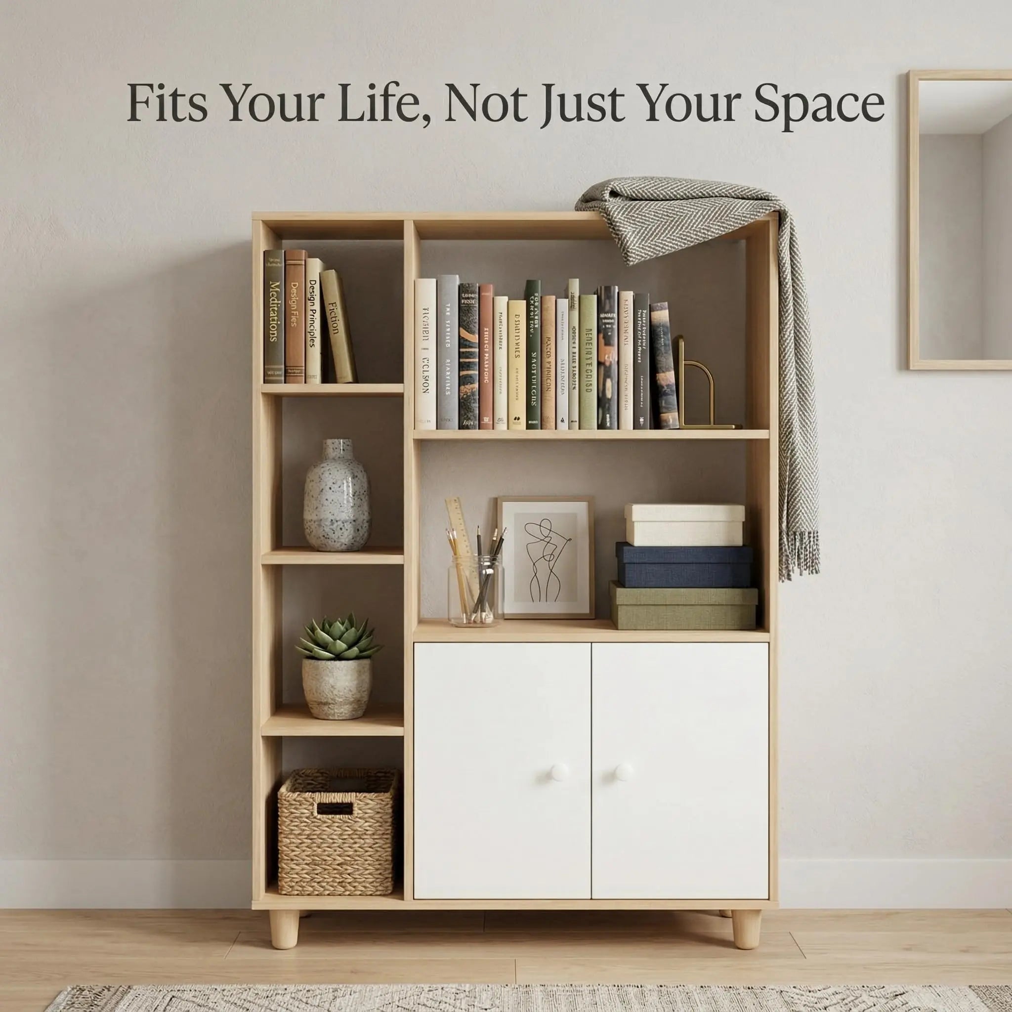 Kikbo Storage Cabinet with Doors and Open Shelves, Modern Bookcase Organizer for Living Room, Bedroom, Home Office, Multi-Functional Floor Cabinet, White and Wood Finish