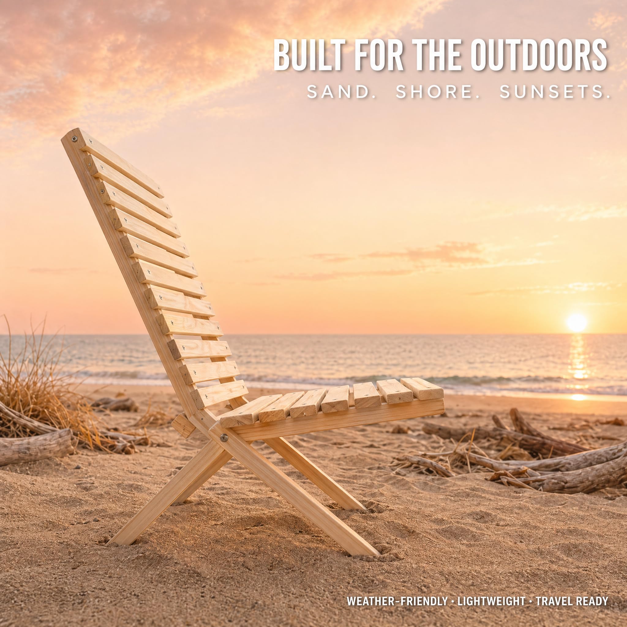 Kikbo Folding Wooden Outdoor Chair, Natural Pine Wood Slatted Lounge Chair, Portable Compact Patio Camping Beach Seating, Modern Minimalist Design, No Assembly