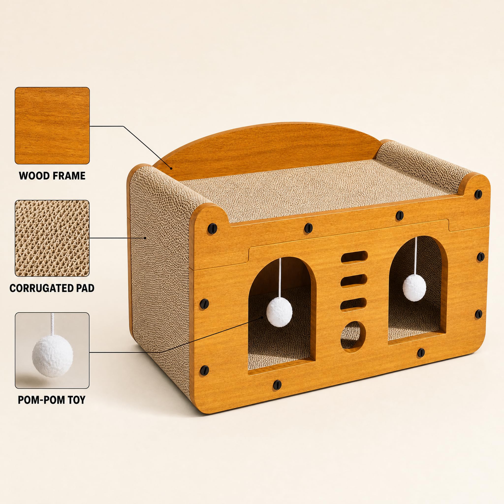3-in-1 Cat Scratcher House for Indoor Cats, Corrugated Cardboard Scratch Pad Lounge Bed with Hanging Ball Toys, Durable Cat Sofa Bed for Cats & Kittens, 22 x 12 x 12 in