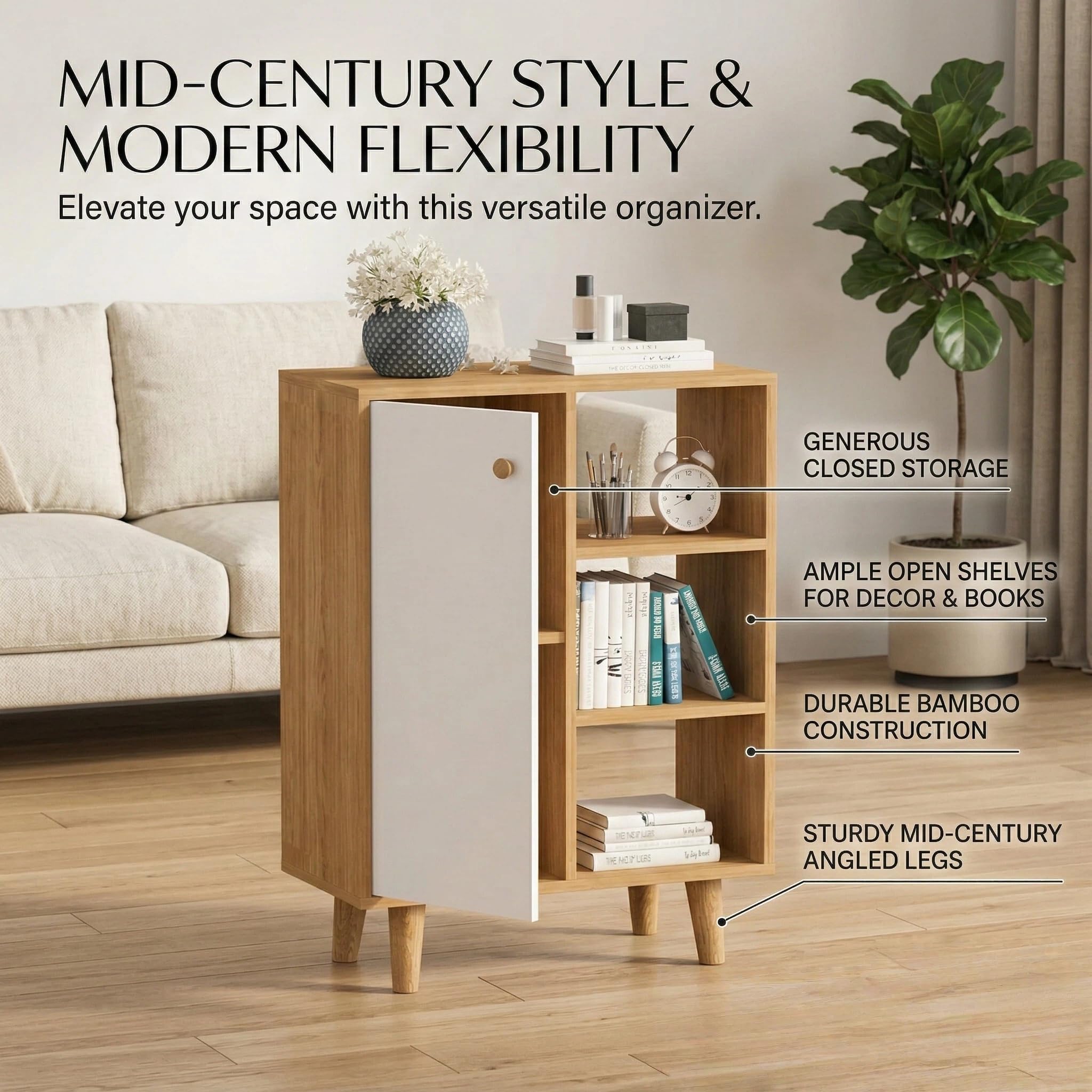 Kikbo Modern Storage Cabinet with Door and Open Shelves, MDF Wood Accent Cabinet, Freestanding Organizer for Living Room, Bedroom, Entryway, Oak and White