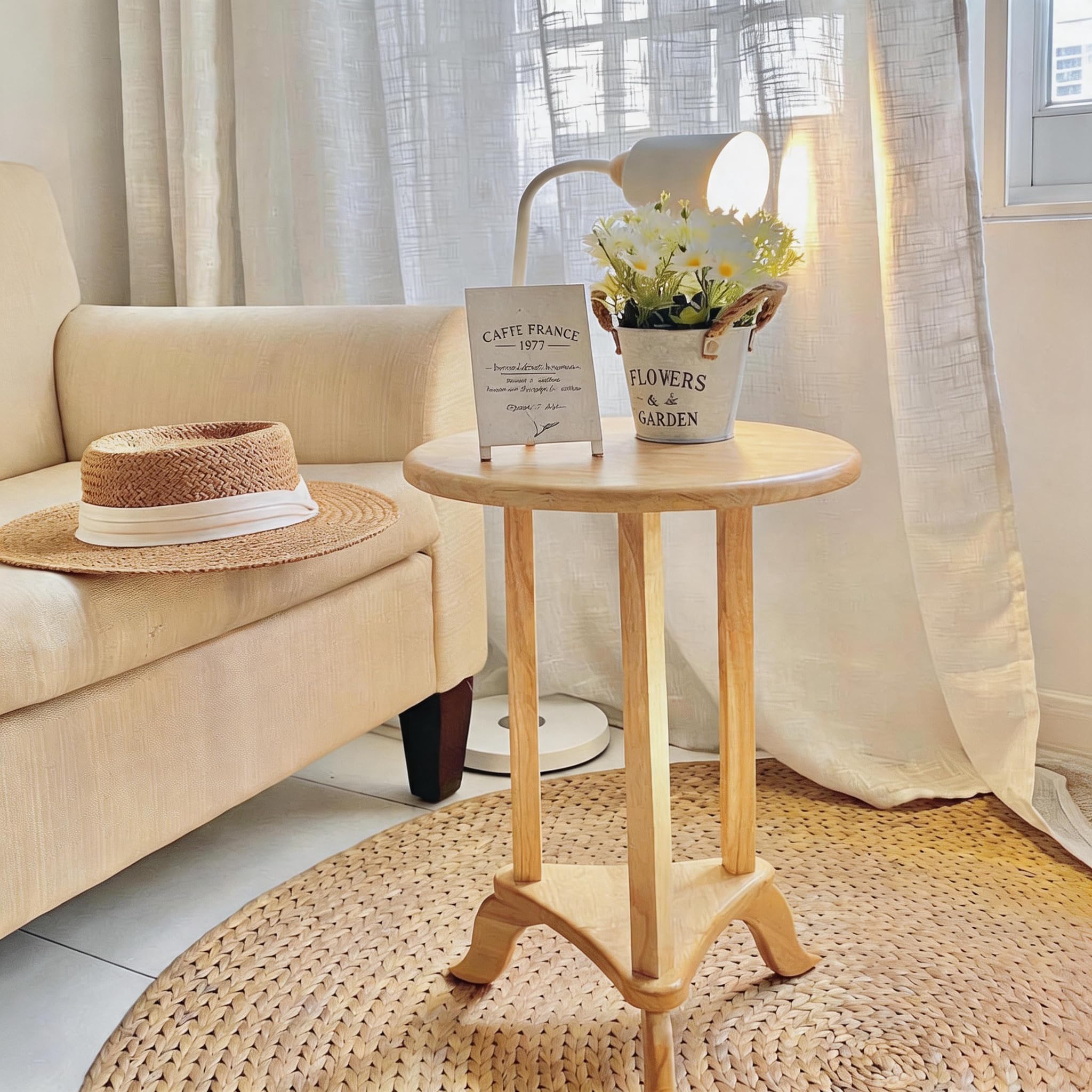 Vintage Round End Table, 13.4" Small Wooden Side Table with 3 Legs, Rustic Accent Table for Living Room, Bedroom, Sofa Side, Bedside Nightstand