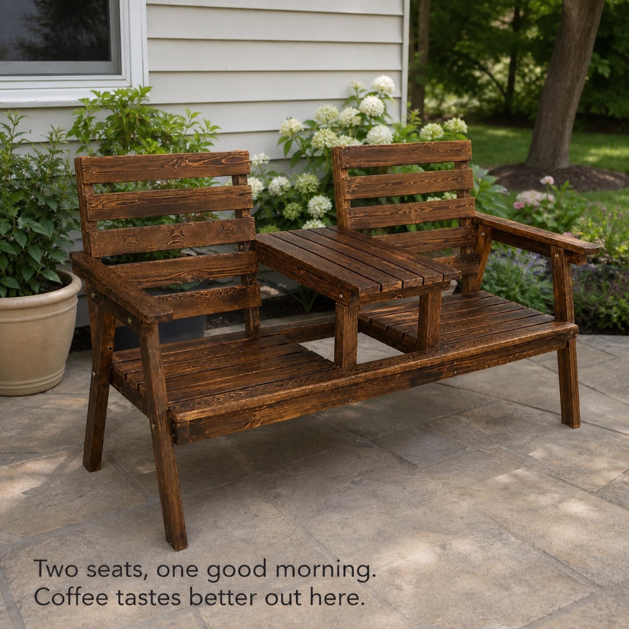 Outdoor Garden Bench and Tea Table Set - Pine Wood Patio Balcony Furniture with Backrest - Weatherproof PU Coating - 62 Inch Classic Brown