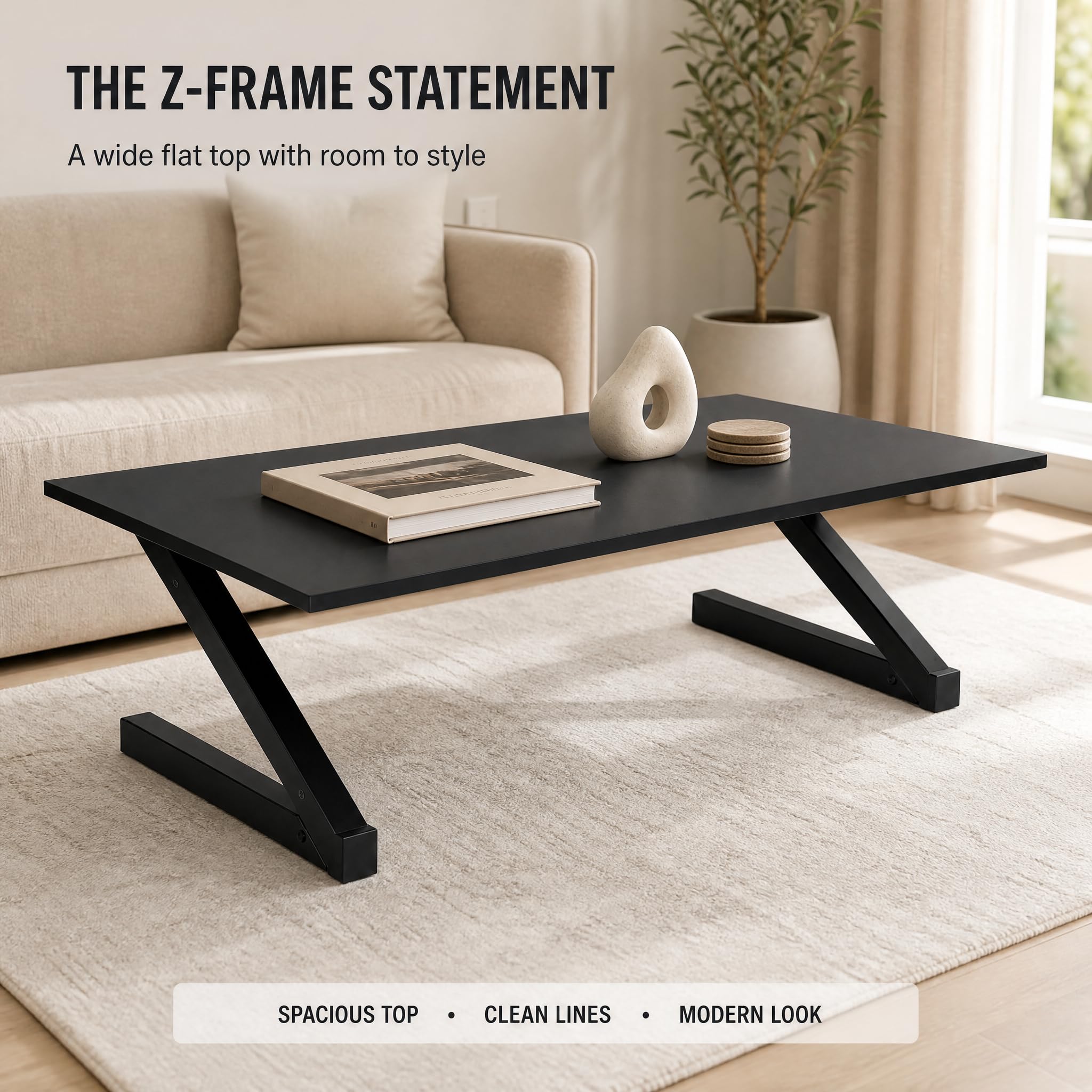Z-Shaped Folding Floor Desk, Foldable Laptop Table for Sitting on Floor, Space Saving Coffee Table with MDF Wood Top & Metal Frame, Pre-Assembled, Black, 47.2 x 23.6 x 13.8 Inch
