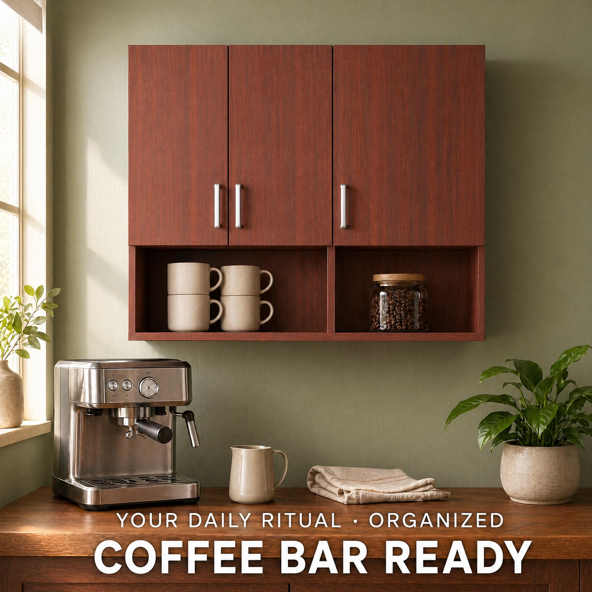 Kikbo Wall Mounted Kitchen Cabinet, 3-Door MDF Wood Storage Cupboard, 35.4”W x 11.8”D x 31.5”H (90x30x80cm), Space Saving Hanging Pantry Organizer with Shelves for Kitchen, Bathroom, Dining Room
