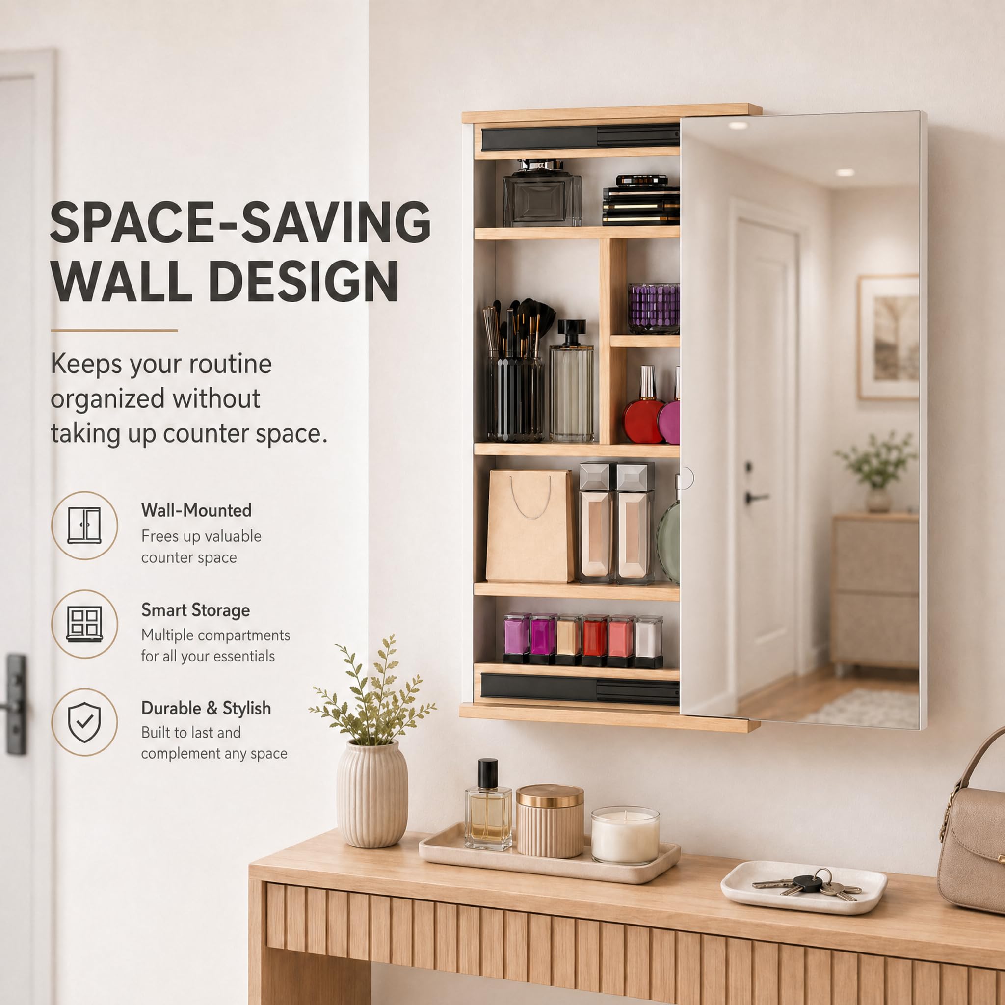 Kikbo Wall Mounted Bathroom Mirror Cabinet with Sliding Door, Waterproof Storage Organizer, Space-Saving Vanity Cabinet for Bathroom, Bedroom or Entryway (Natural Wood Finish)