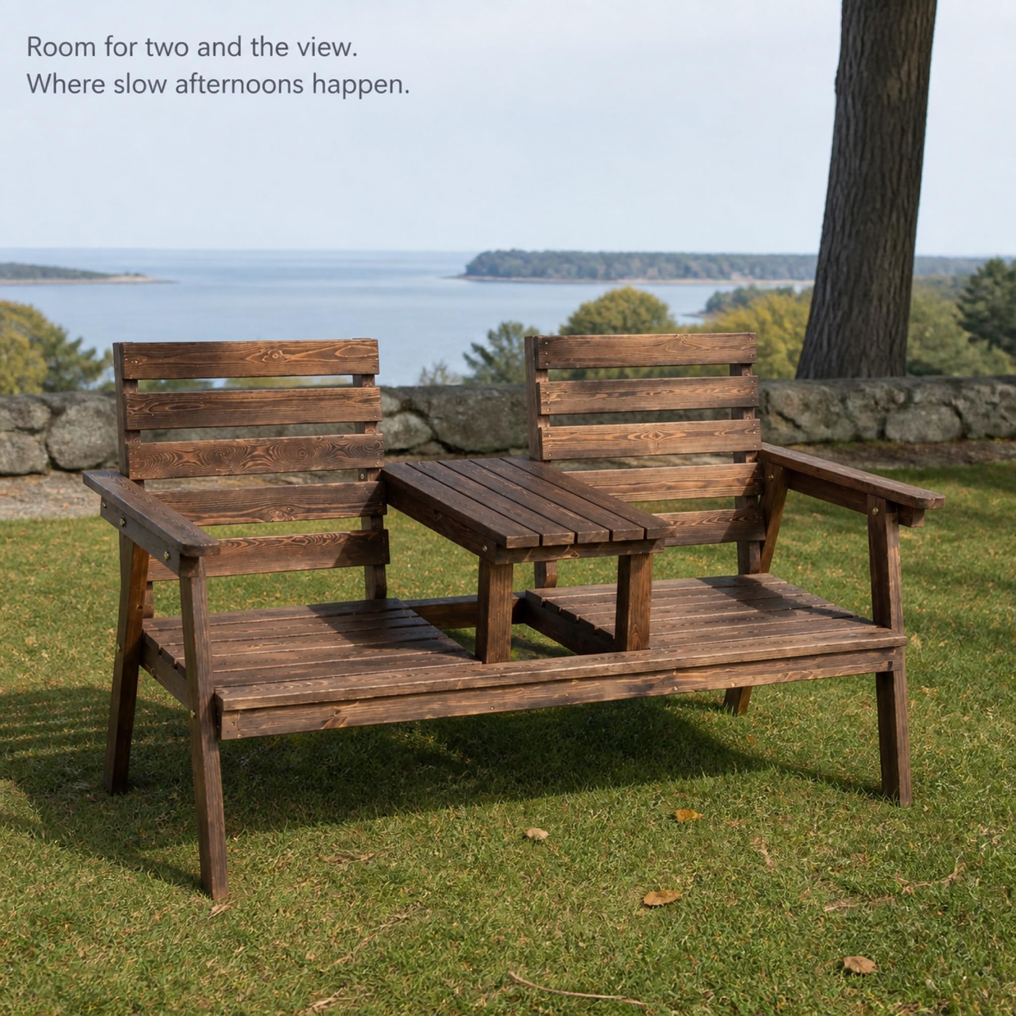 Outdoor Garden Bench and Tea Table Set - Pine Wood Patio Balcony Furniture with Backrest - Weatherproof PU Coating - 62 Inch Classic Brown
