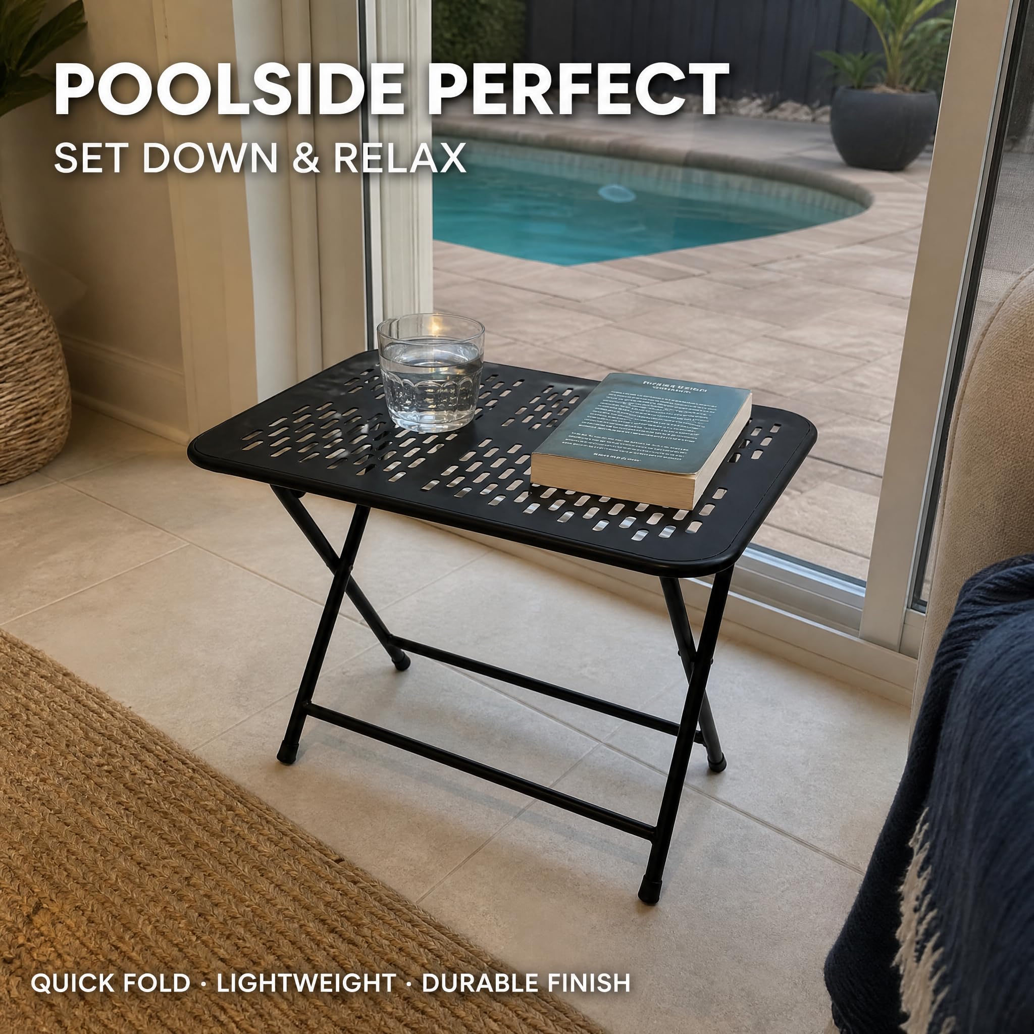 Folding Metal Side Table, Portable Outdoor Patio Coffee Table with Powder-Coated Steel Frame, Lightweight Camping Picnic Accent Table for Garden, Balcony, Backyard, Black