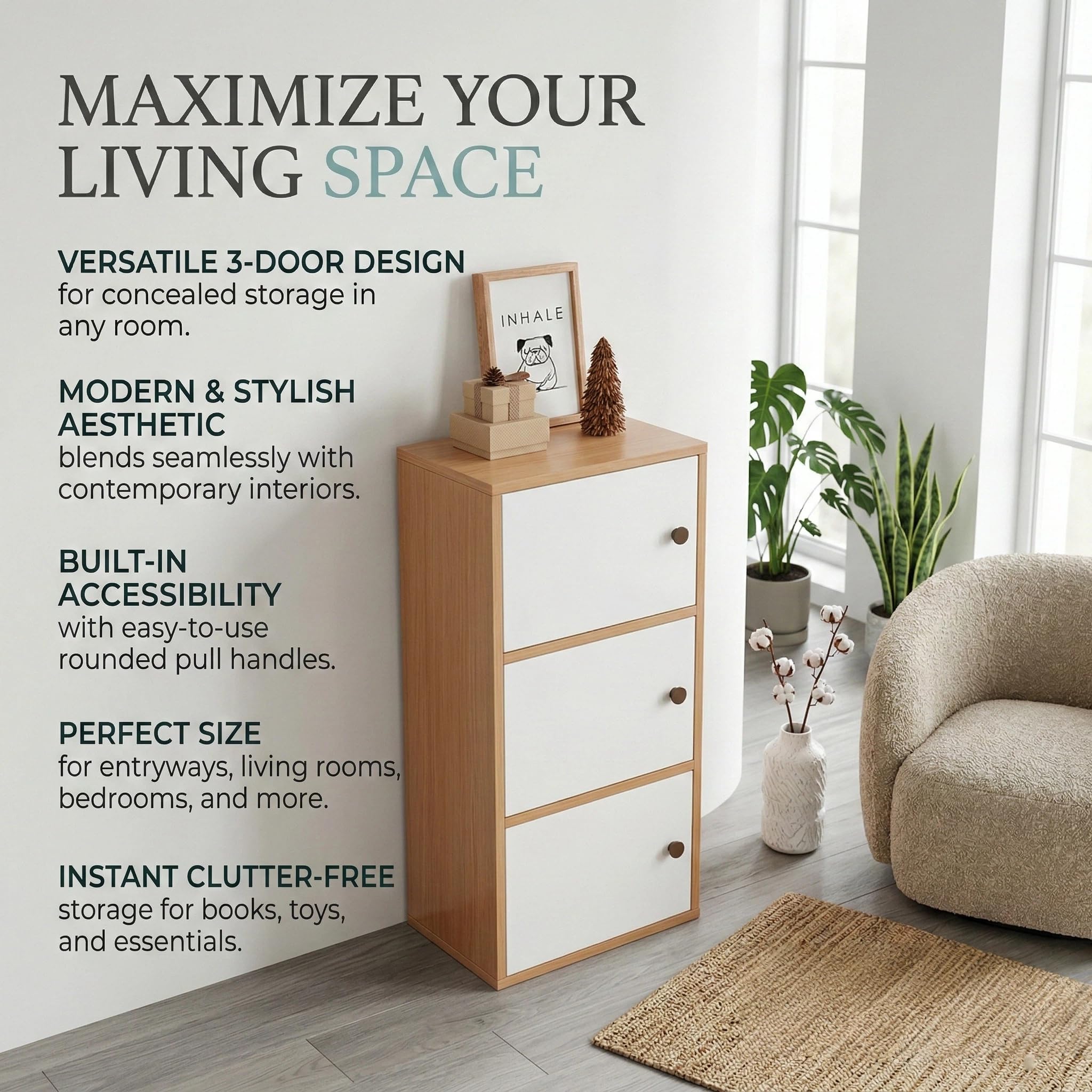 Kikbo 3-Drawer Storage Cabinet, Slim MDF Wooden Organizer Chest for Bedroom or Living Room, Narrow Freestanding Cabinet, 15.7” W x 9.4” D x 35.4” H, Oak and White