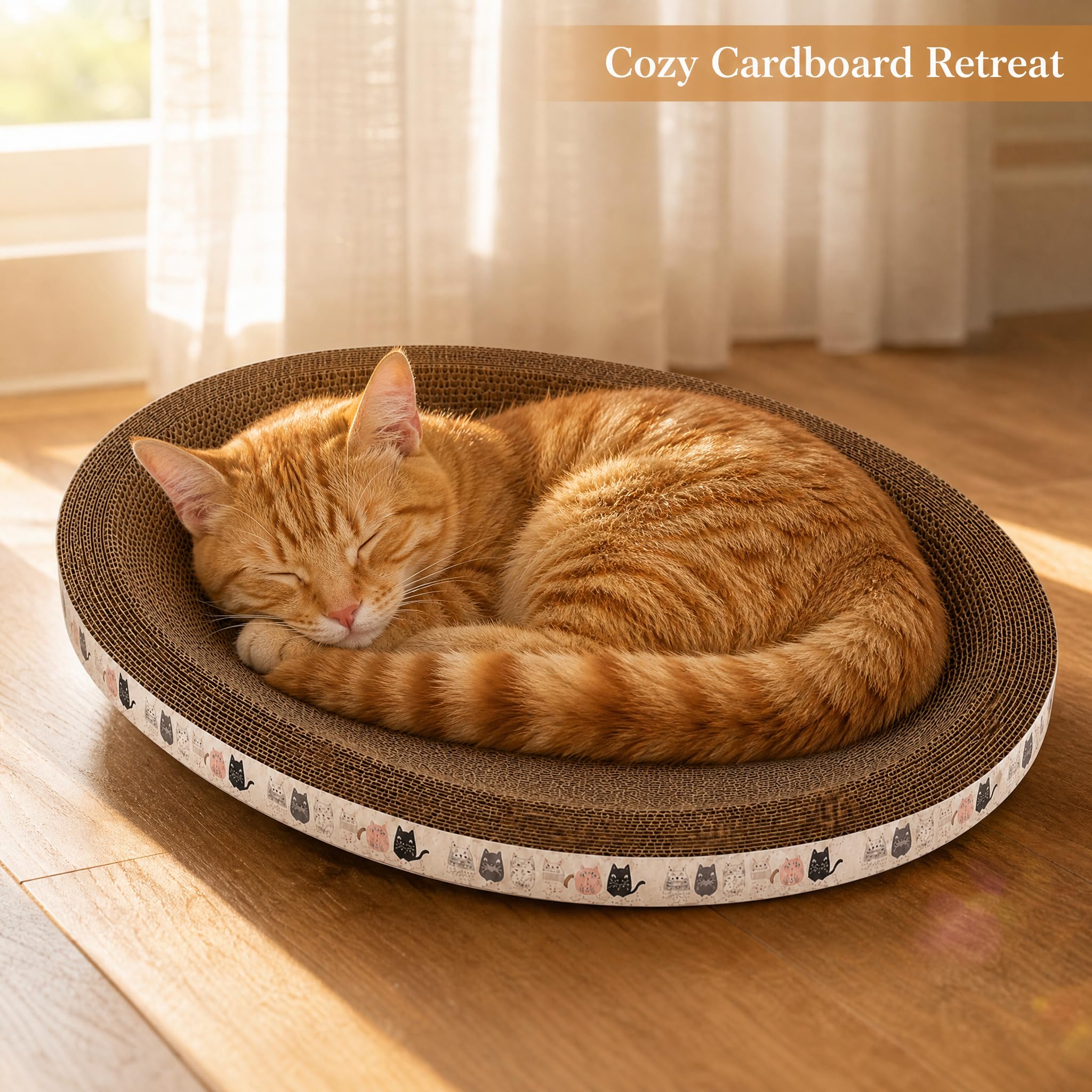 Cat Scratcher Lounge Bed for Indoor Cats, Oval Corrugated Cardboard Scratch Pad Sofa with Catnip, Large Anti-Slip Scratching Board for Cats & Kittens, 17.7"/45cm