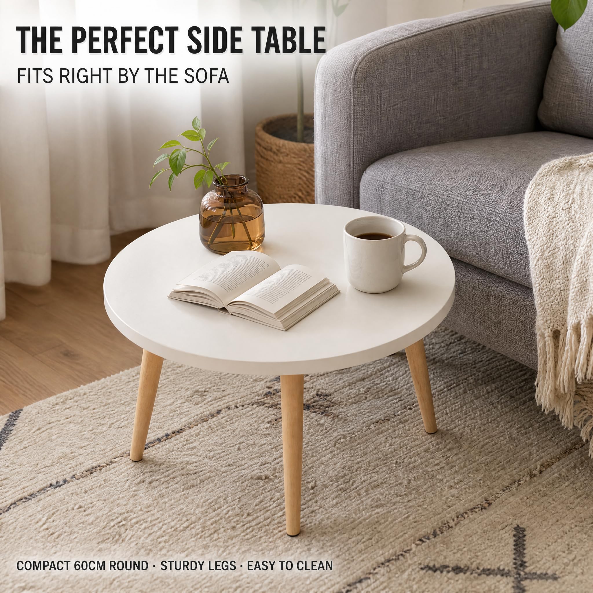 Round Coffee Table, 23.6" Modern Accent Tea Table with Wood Legs, Small Center Table for Living Room, Bedroom, Apartment, Easy Assembly, White