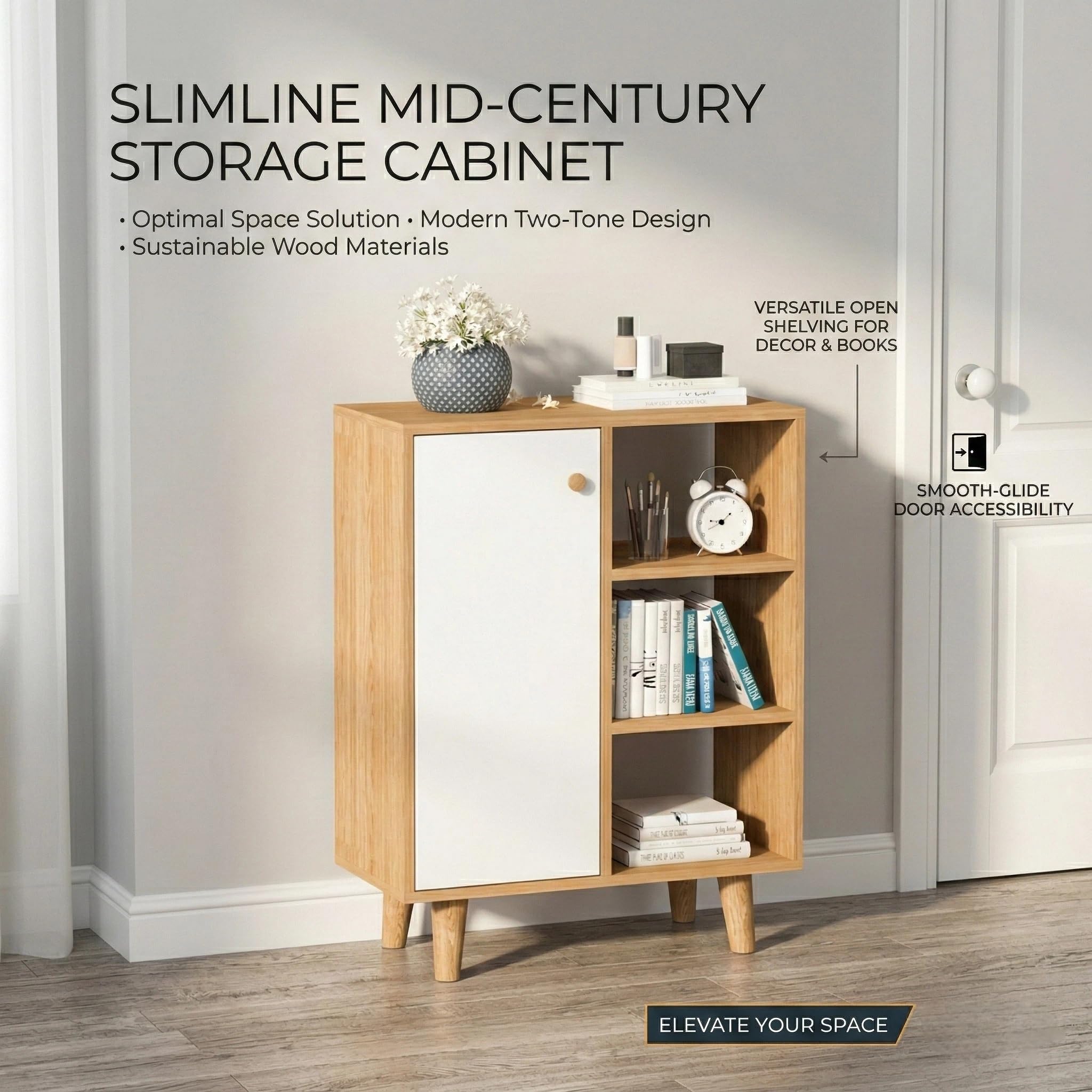 Kikbo Modern Storage Cabinet with Door and Open Shelves, MDF Wood Accent Cabinet, Freestanding Organizer for Living Room, Bedroom, Entryway, Oak and White