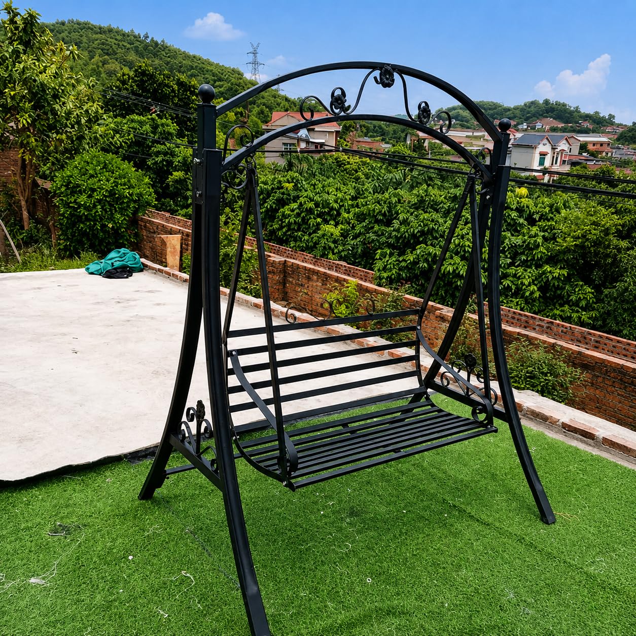 Outdoor Patio Swing Chair for 2, Heavy Duty Metal Garden Porch Swing Bench, Freestanding Backyard Swing Seat for Patio, Deck, Lawn, Balcony, Black
