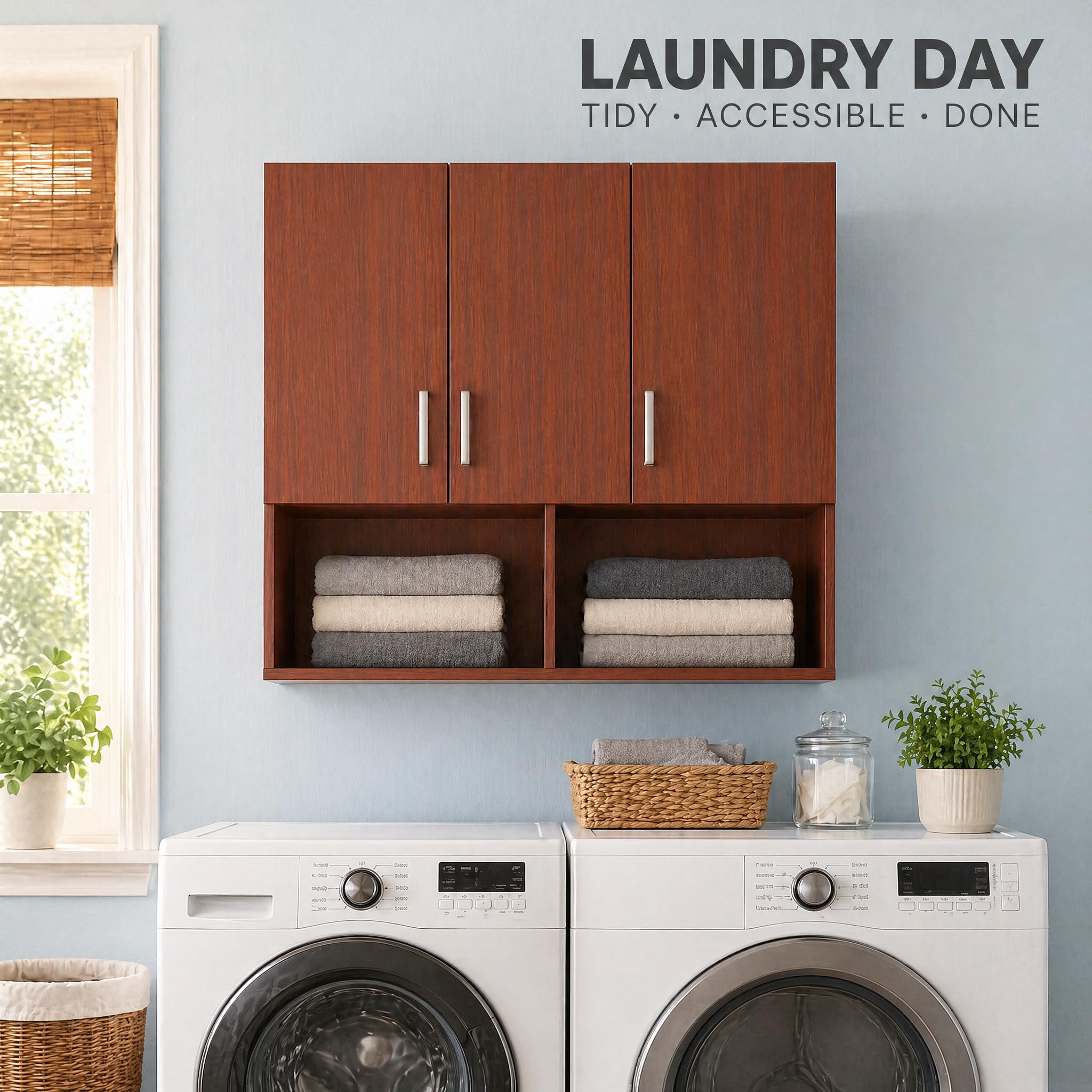 Kikbo Wall Mounted Kitchen Cabinet, 3-Door MDF Wood Storage Cupboard, 35.4”W x 11.8”D x 31.5”H (90x30x80cm), Space Saving Hanging Pantry Organizer with Shelves for Kitchen, Bathroom, Dining Room