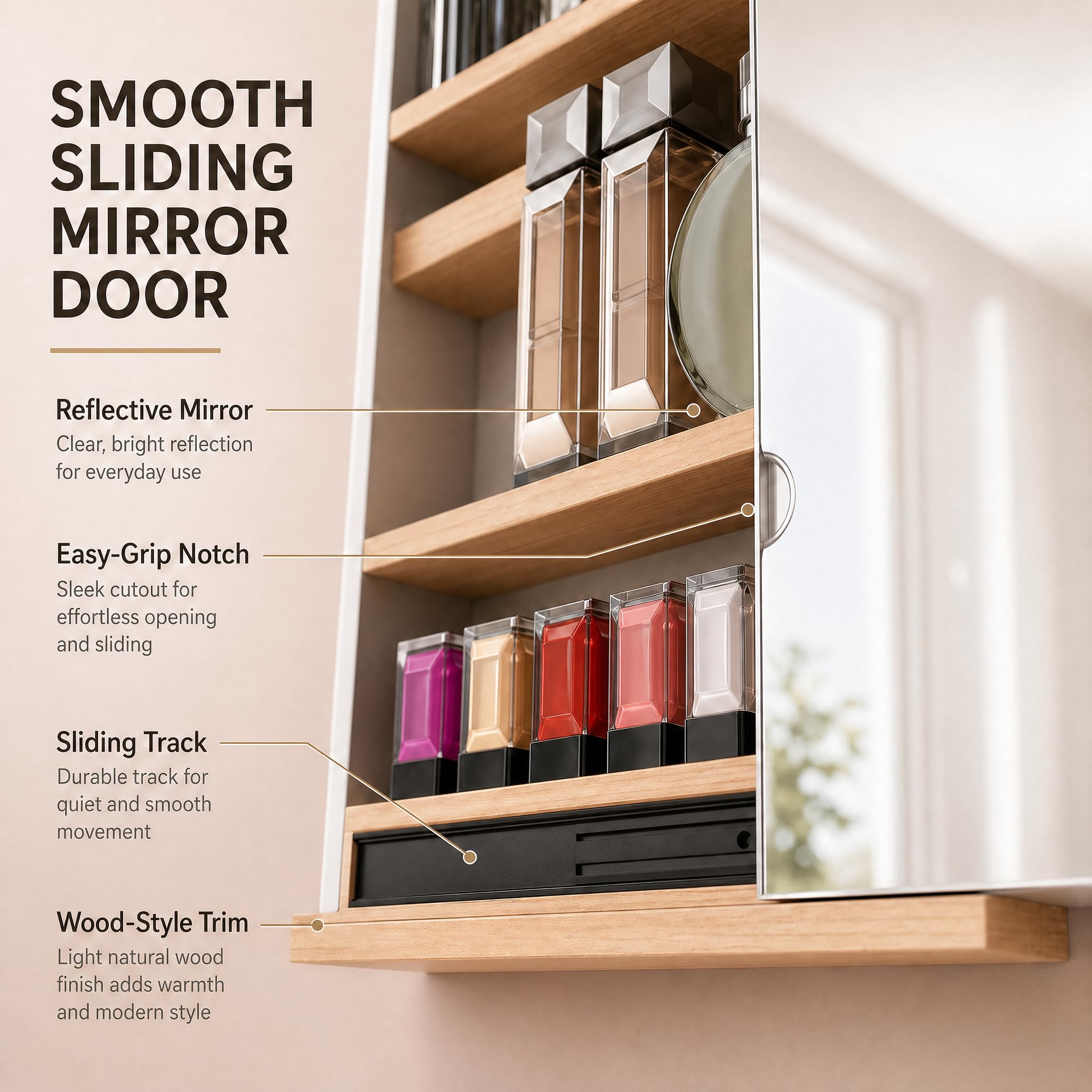 Kikbo Wall Mounted Bathroom Mirror Cabinet with Sliding Door, Waterproof Storage Organizer, Space-Saving Vanity Cabinet for Bathroom, Bedroom or Entryway (Natural Wood Finish)