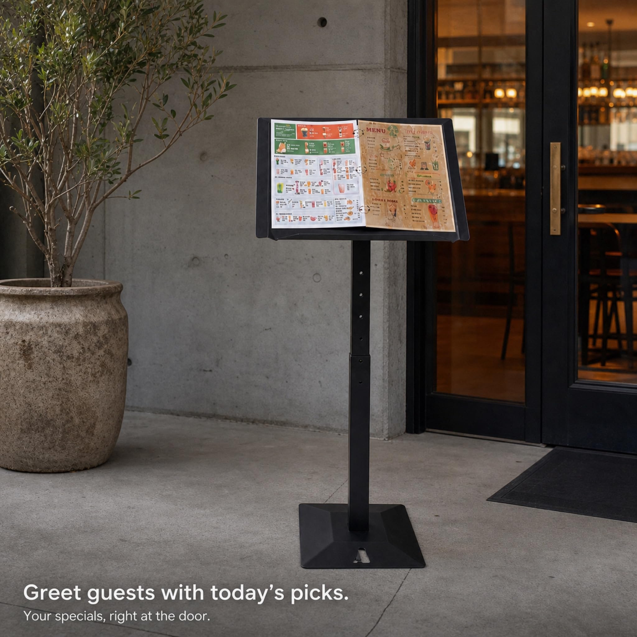 Freestanding A4 Menu Display Stand - Powder Coated Steel Sign Holder for Restaurant Cafe Retail - Adjustable Height 35 to 45 Inch - Black