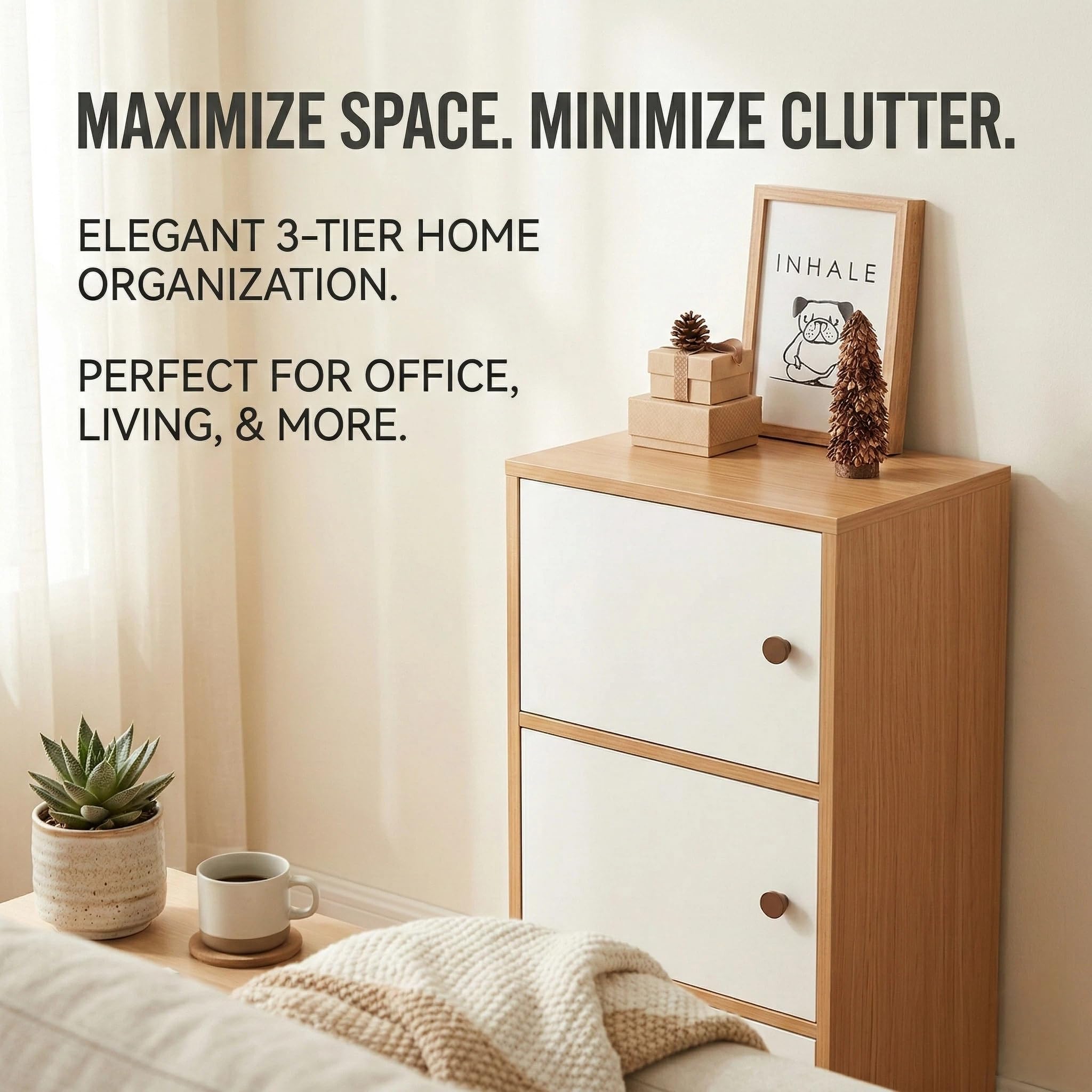 Kikbo 3-Drawer Storage Cabinet, Slim MDF Wooden Organizer Chest for Bedroom or Living Room, Narrow Freestanding Cabinet, 15.7” W x 9.4” D x 35.4” H, Oak and White