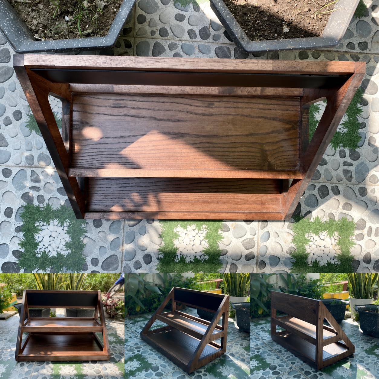 2-Tier Oak Veneer Cake and Fruit Display Stand with Chalkboard Label - Waterproof PU Finish for Cafe Bakery Buffet - 23.6 x 13.8 x 15.7 Inch Brown