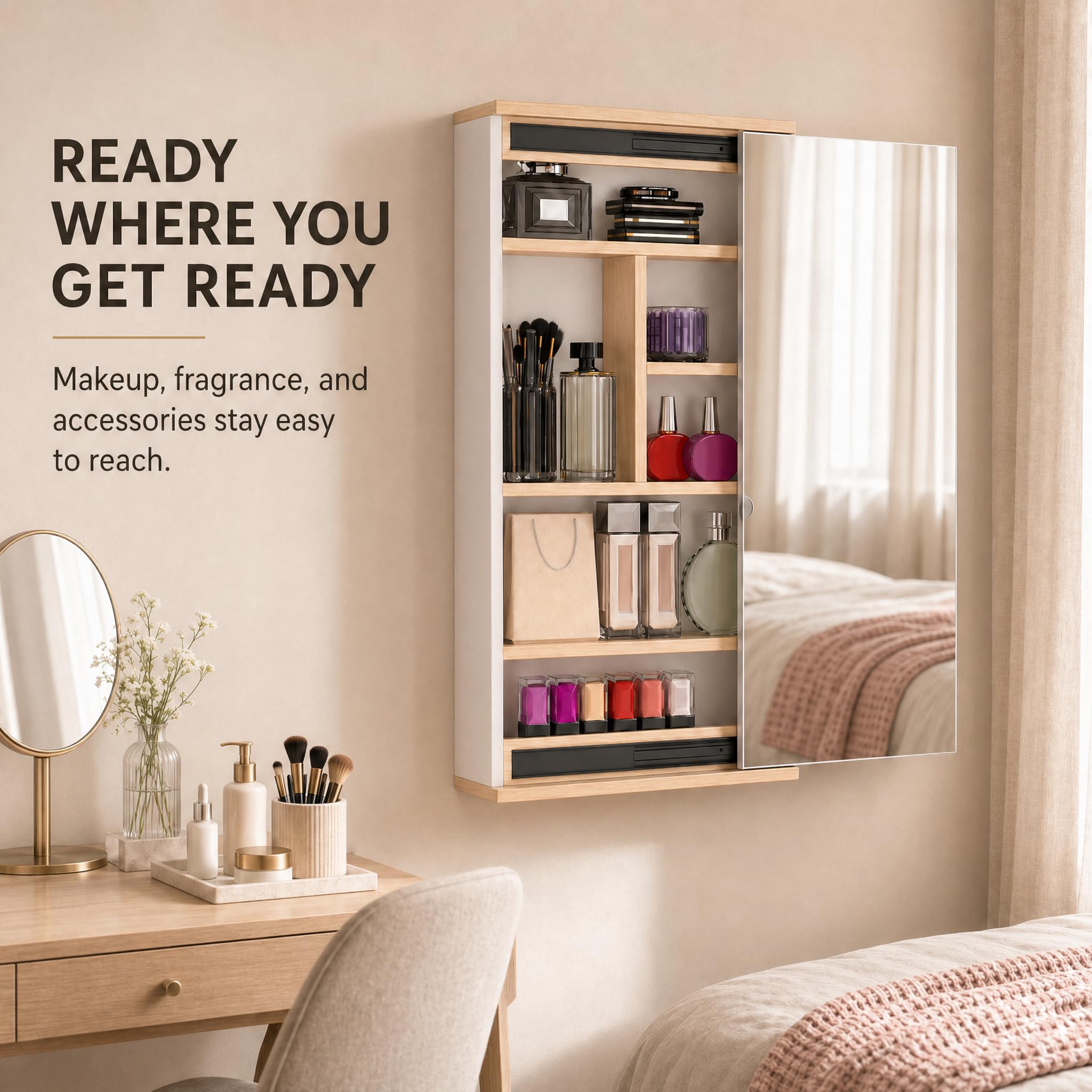 Kikbo Wall Mounted Bathroom Mirror Cabinet with Sliding Door, Waterproof Storage Organizer, Space-Saving Vanity Cabinet for Bathroom, Bedroom or Entryway (Natural Wood Finish)