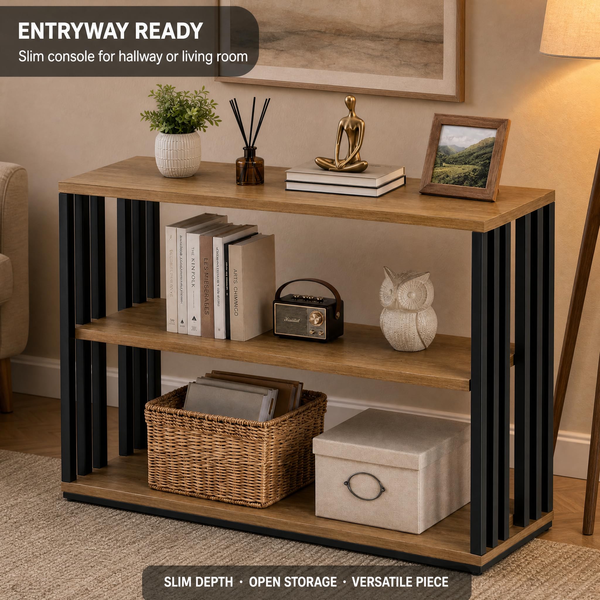 Narrow Console Table with Storage Shelves, Industrial Sofa Side Table for Entryway Hallway Living Room, Rustic Wood Accent Table with Metal Frame, 15.7" D x 9.4" W x 23.6" H (40 x 24 x 60 cm)