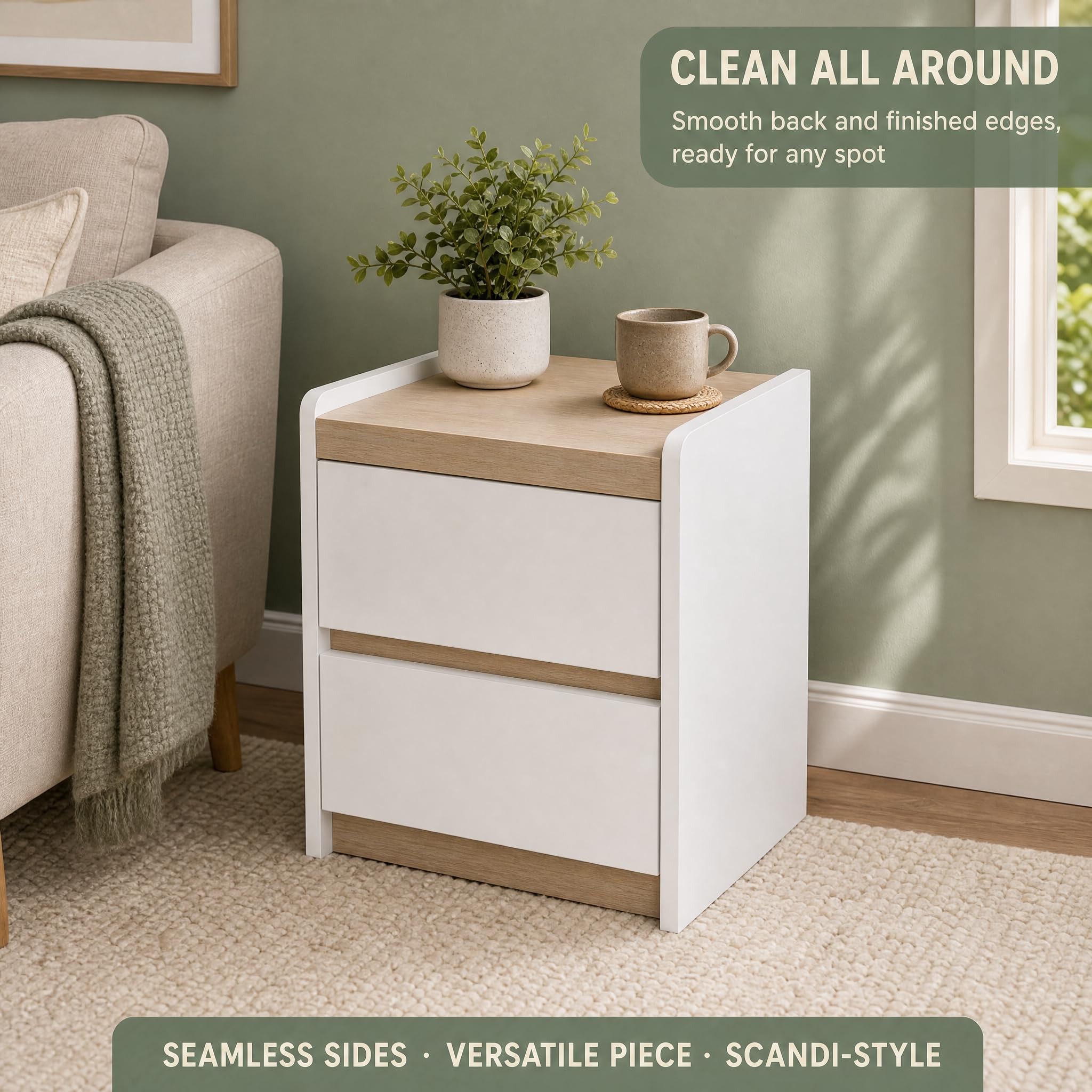 Modern Bedside Table with 2 Drawers, Fully Assembled Nightstand, Wooden End Table for Bedroom, Small Storage Cabinet with Smooth Sliding Drawers, White/Natural Wood
