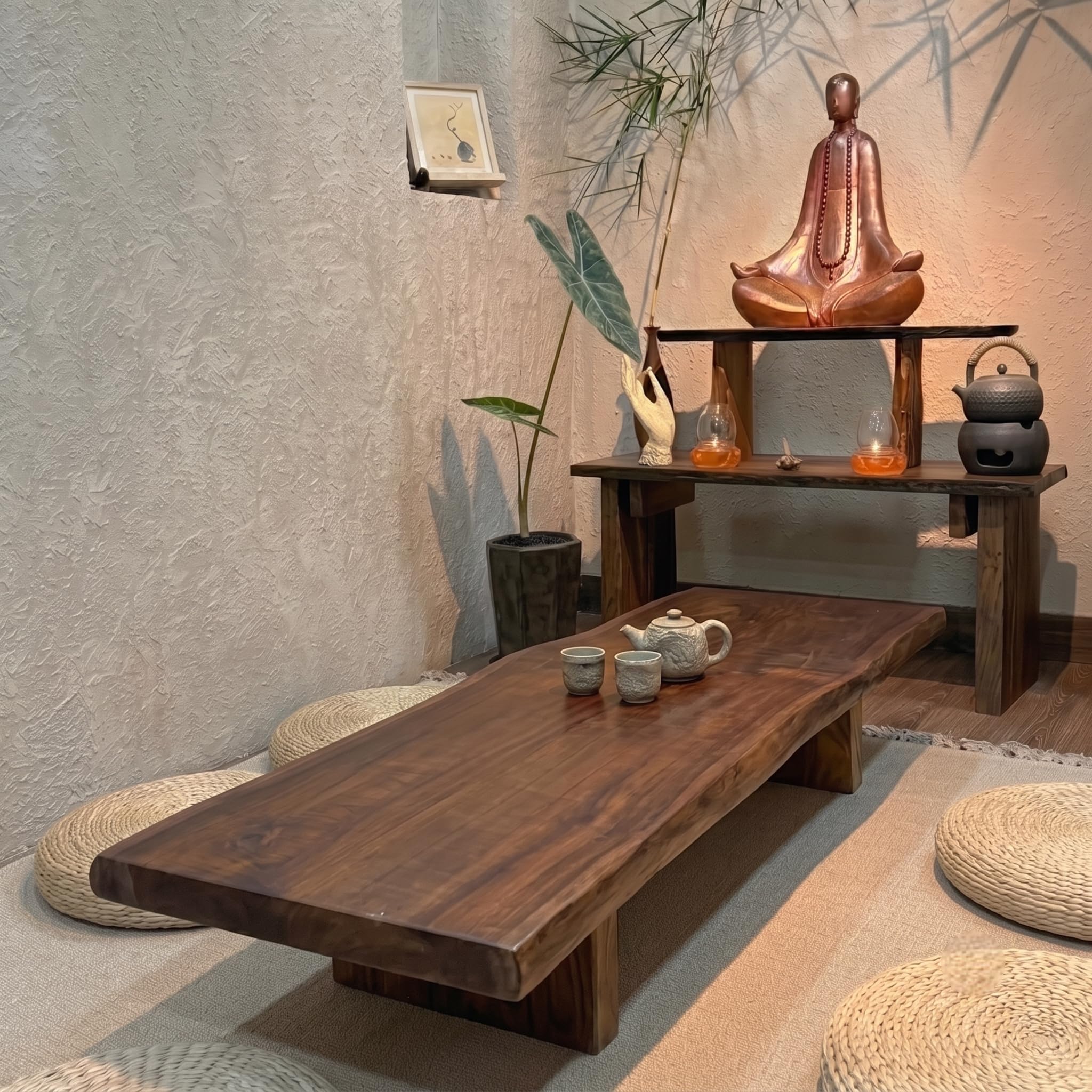 Solid Wood Wabi-Sabi Coffee Table, Rustic Low Tea Table for Living Room, Handmade Wooden Floor Table, Minimalist Cocktail Table, 47.2 x 13.8 in