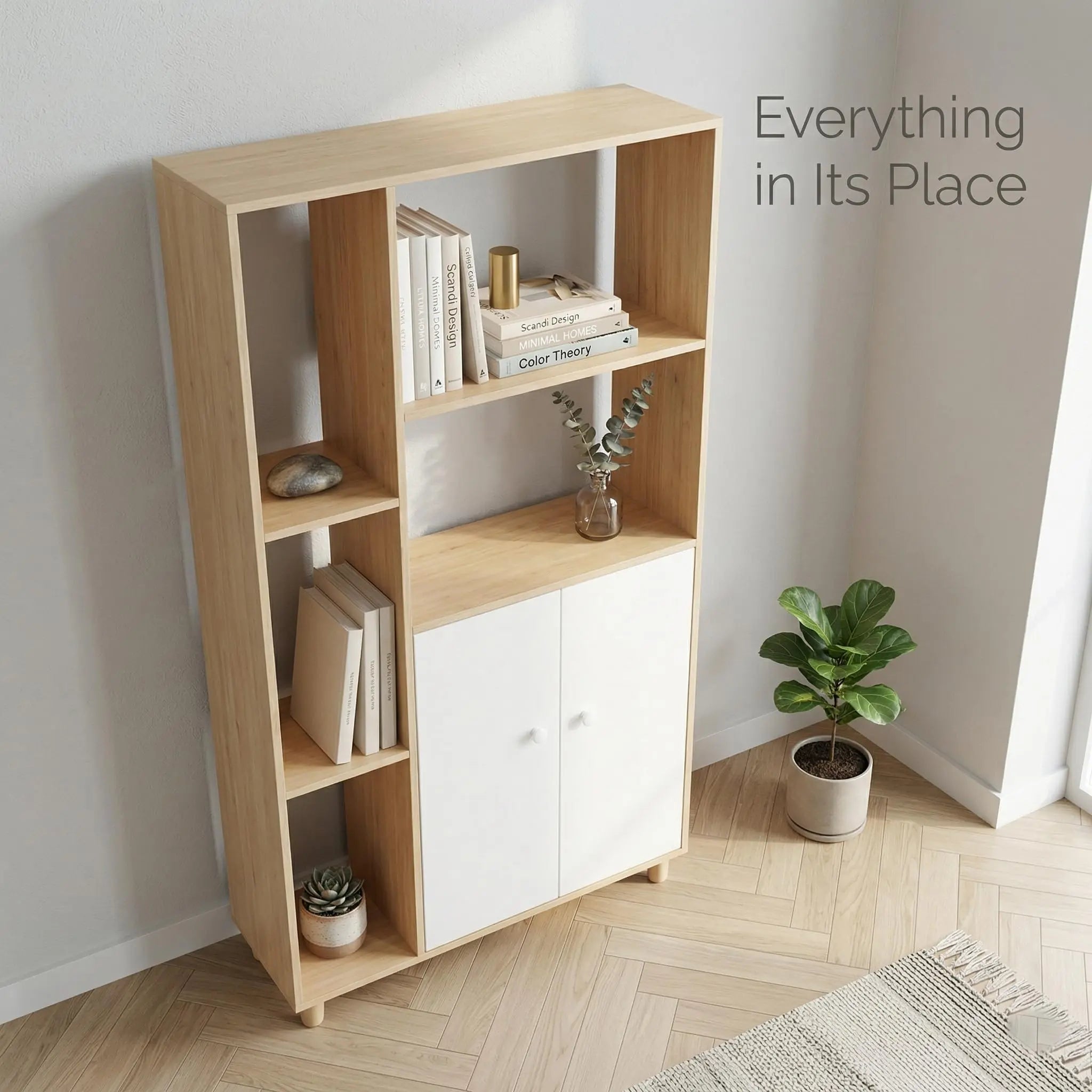 Kikbo Storage Cabinet with Doors and Open Shelves, Modern Bookcase Organizer for Living Room, Bedroom, Home Office, Multi-Functional Floor Cabinet, White and Wood Finish