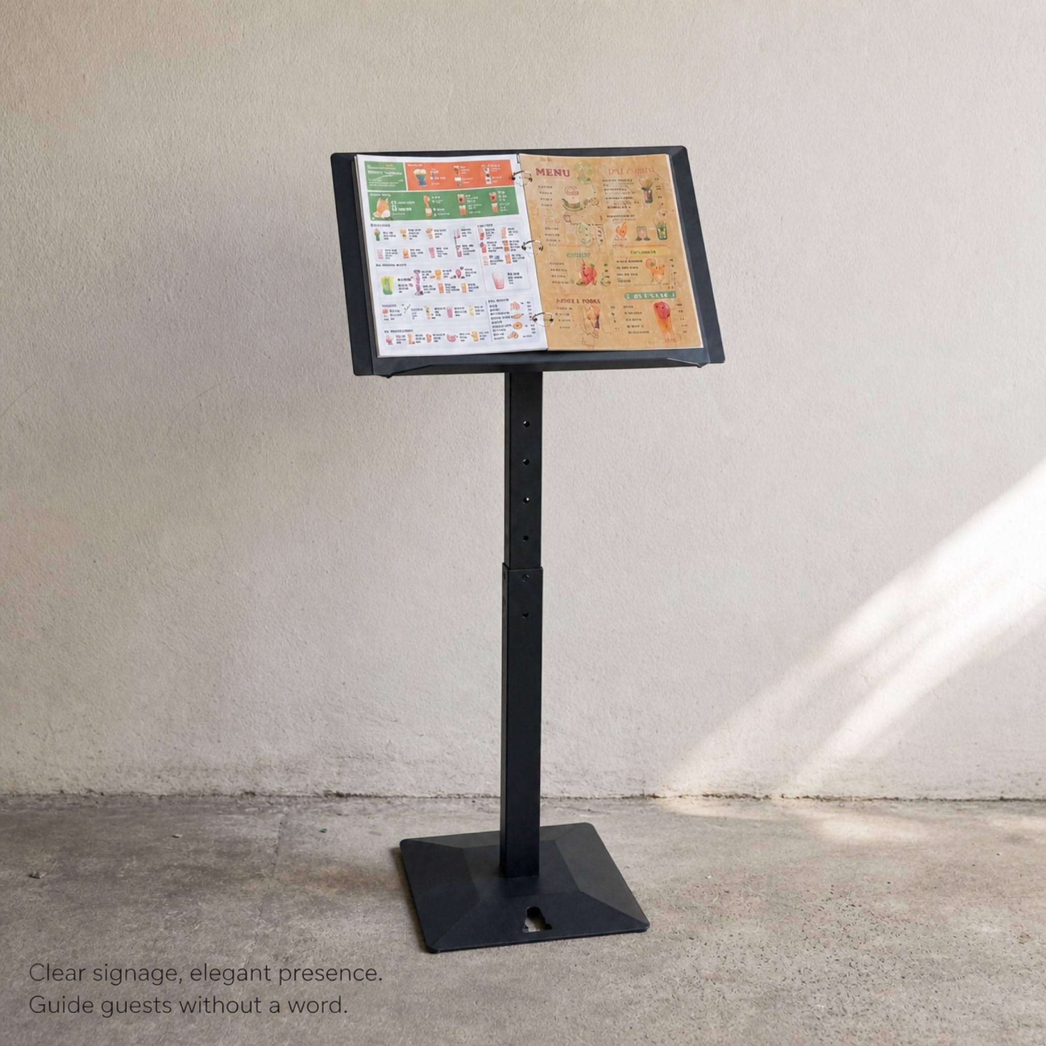 Freestanding A4 Menu Display Stand - Powder Coated Steel Sign Holder for Restaurant Cafe Retail - Adjustable Height 35 to 45 Inch - Black