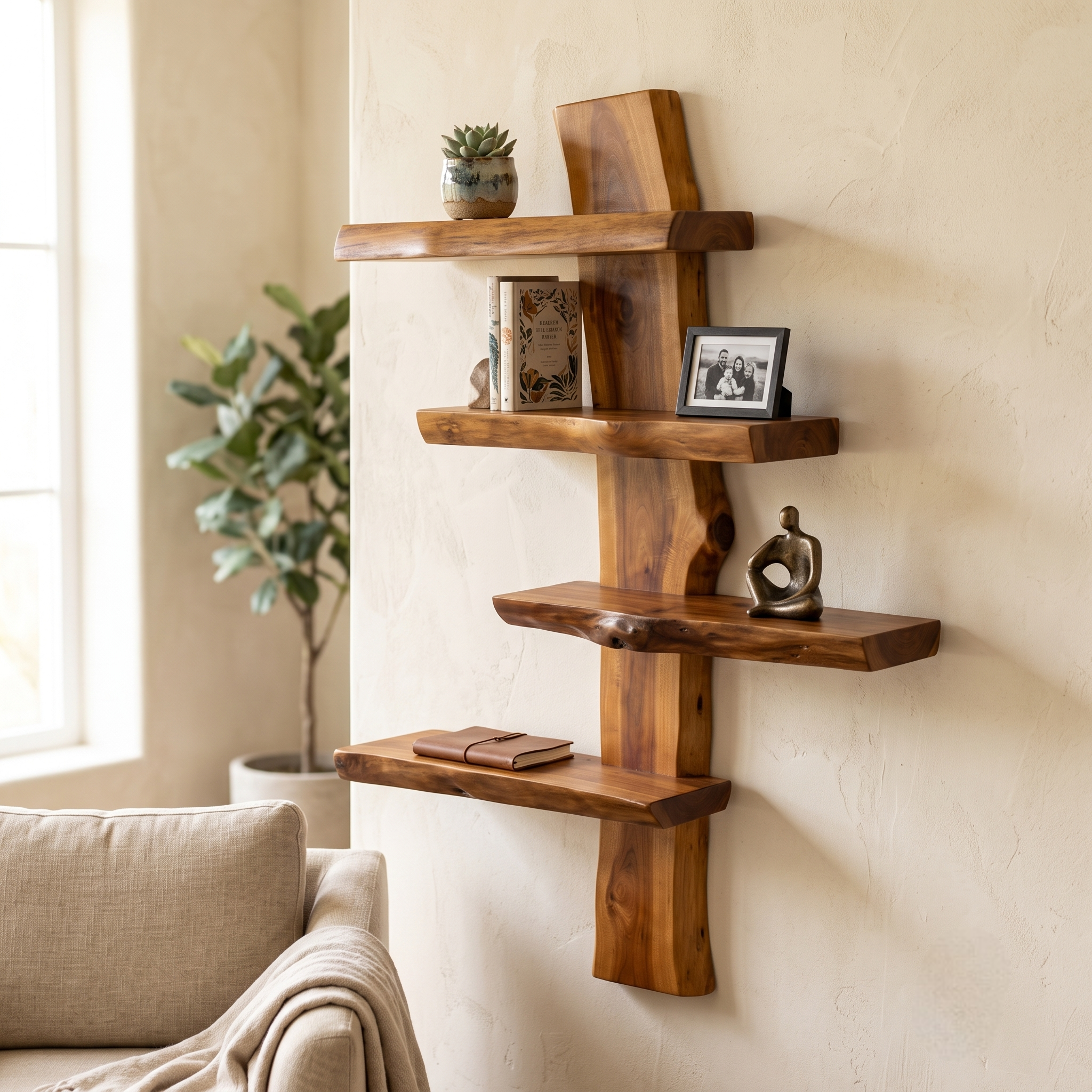 4-Tier Solid Wood Floating Wall Shelf – Multi-Layer Natural Timber Hanging Rack – Unique Decorative Storage Organizer Bookshelf for Living Room, Bedroom & Office Decor