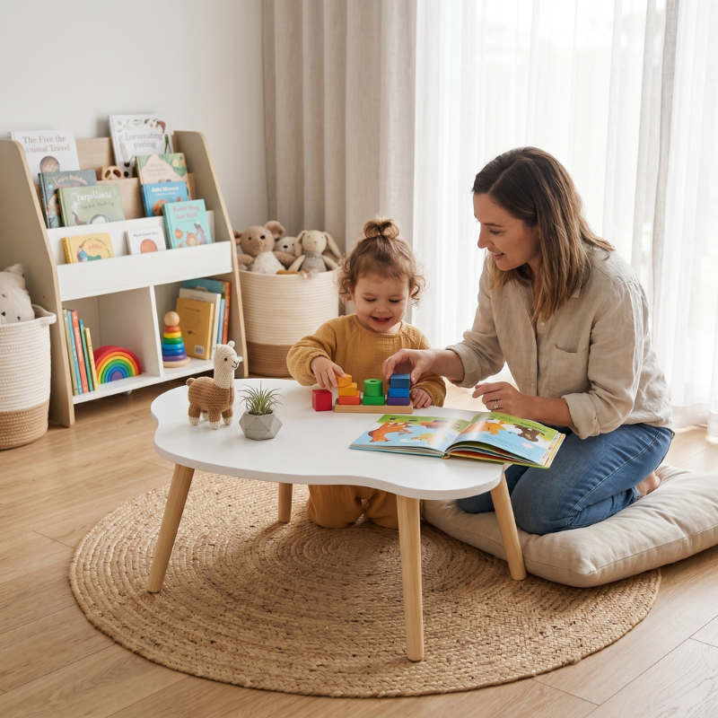 Modern Cloud-Shaped End Table – Minimalist Low Coffee Table with Chubby Legs – Decorative Wood Table for Small Spaces, Bedroom Couch Side & Nursery Playroom