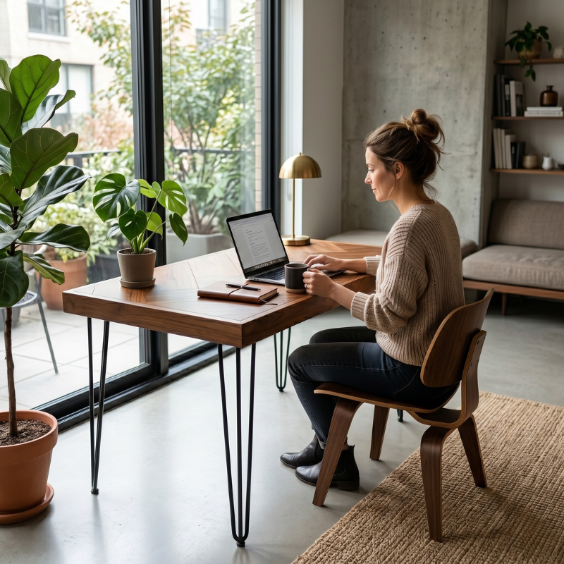 Rustic Herringbone Teak Wood Table – 48 Inch Premium Solid Teak Wood Desk for Home Office – Mid-Century Modern Dining Table & Executive Writing Desk – Natural Finish
